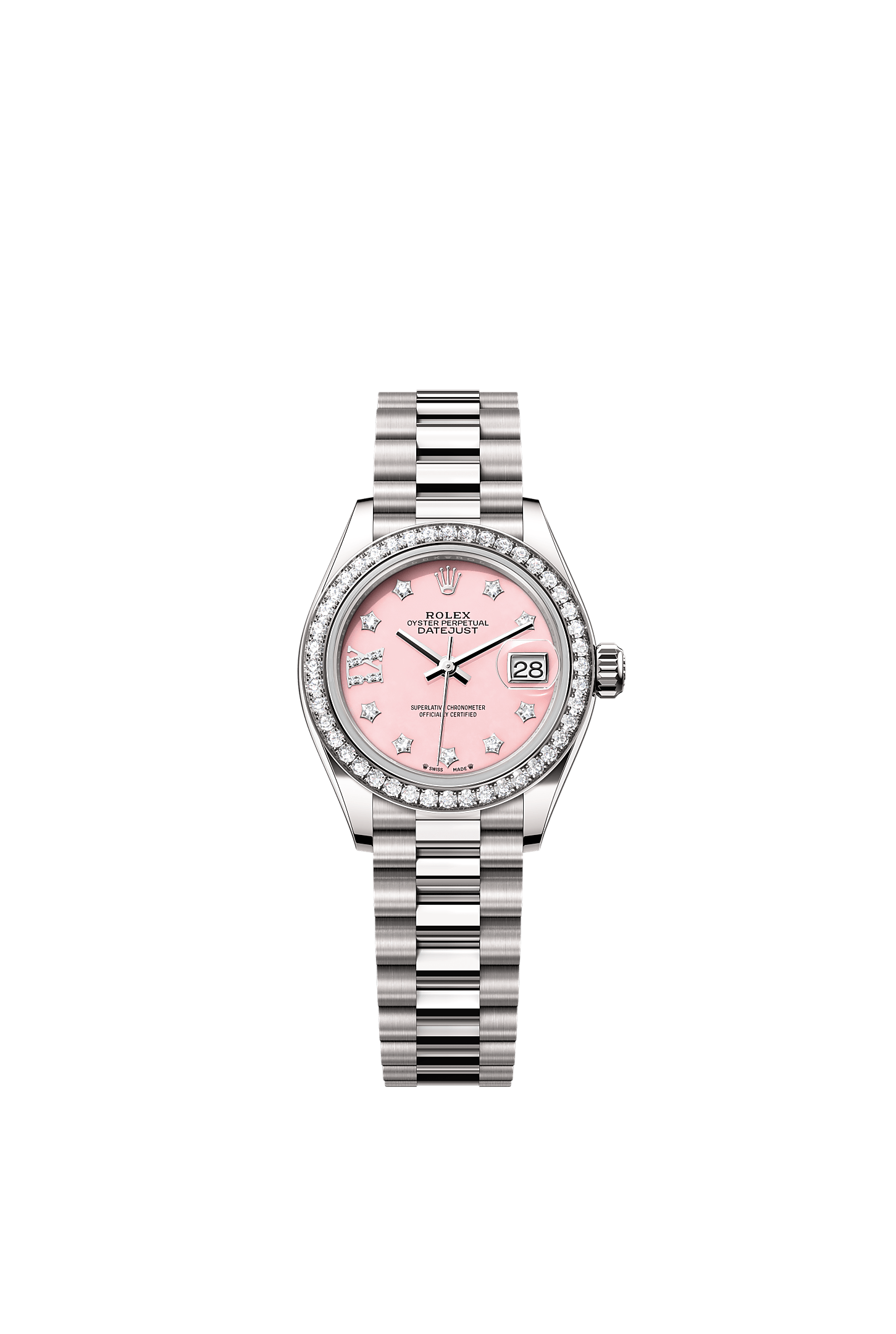 Lady-Datejust, Oyster, 28 mm, white gold and diamonds, Dial : Pink opal set with diamonds, Rolex