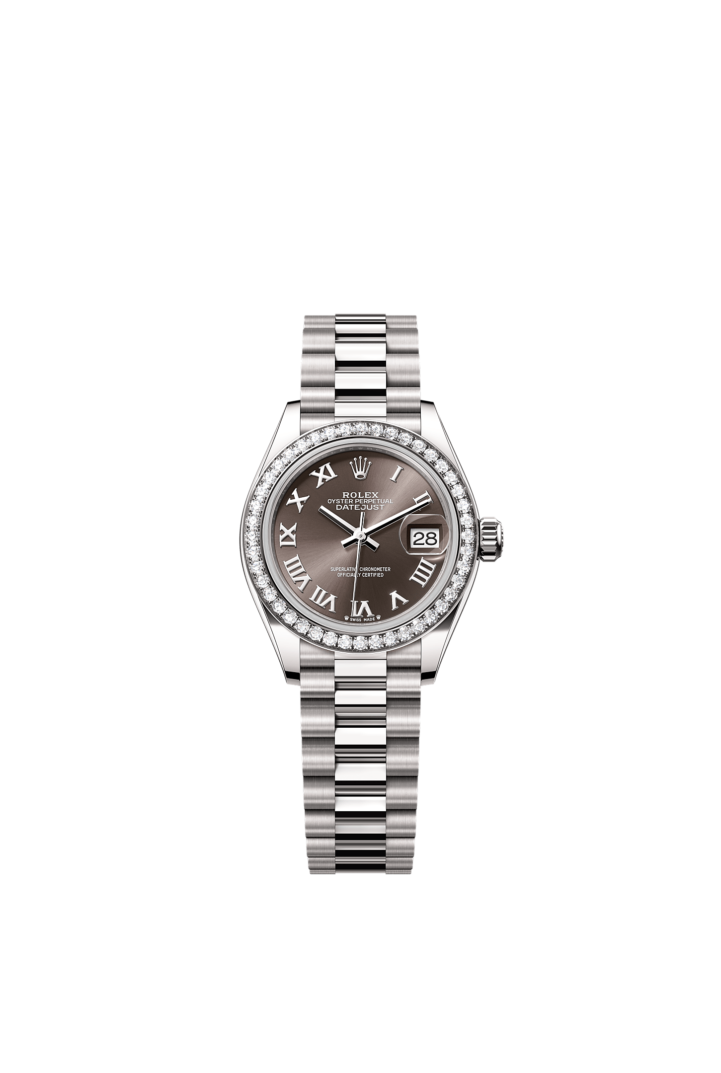 Lady-Datejust, Oyster, 28 mm, white gold and diamonds, Dial : Dark grey, Rolex
