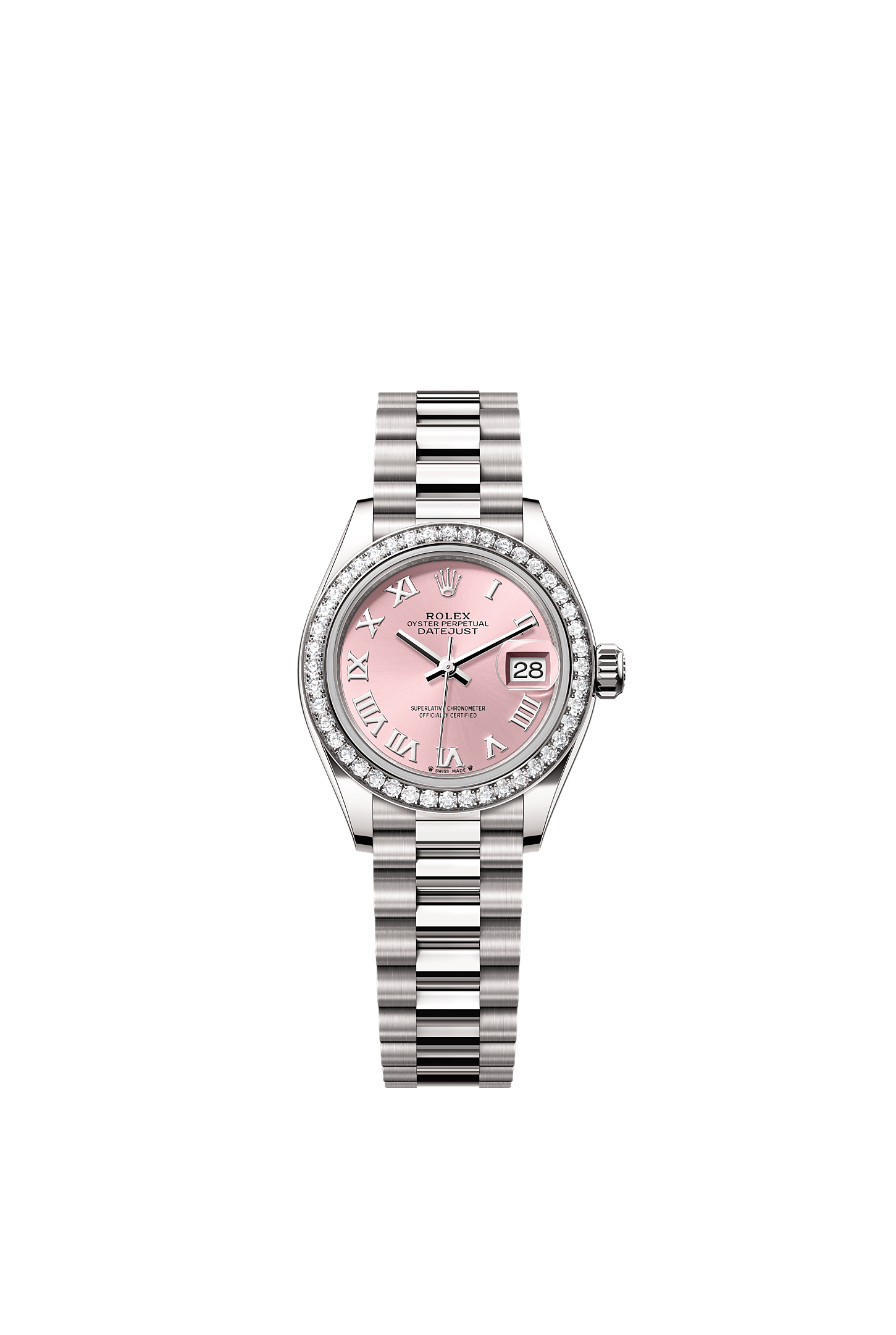 Lady-Datejust, Oyster, 28 mm, white gold and diamonds, Dial : Pink, Rolex