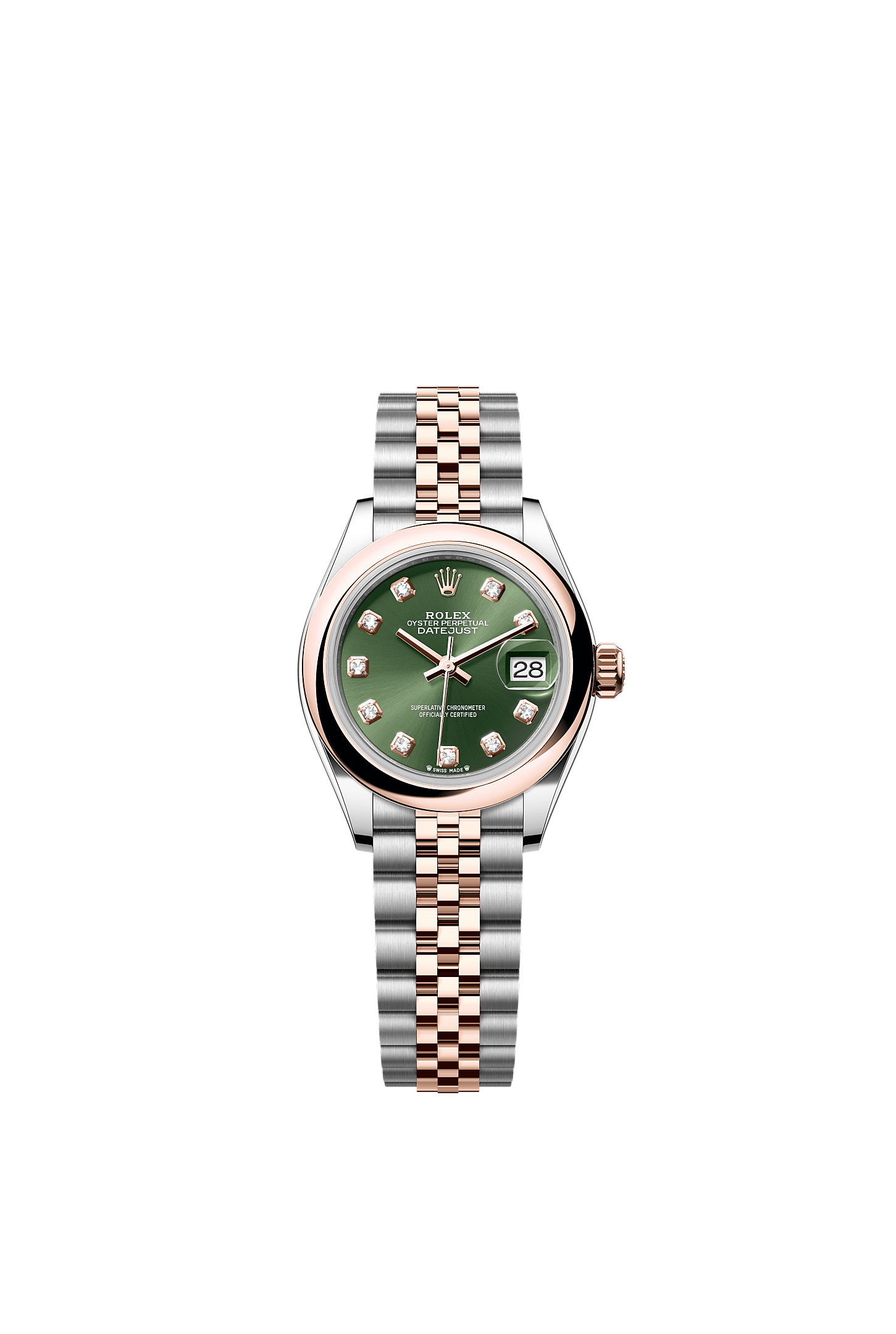 Lady-Datejust, Oyster, 28 mm, Oystersteel and Everose gold, Dial : Olive green set with diamonds, Rolex