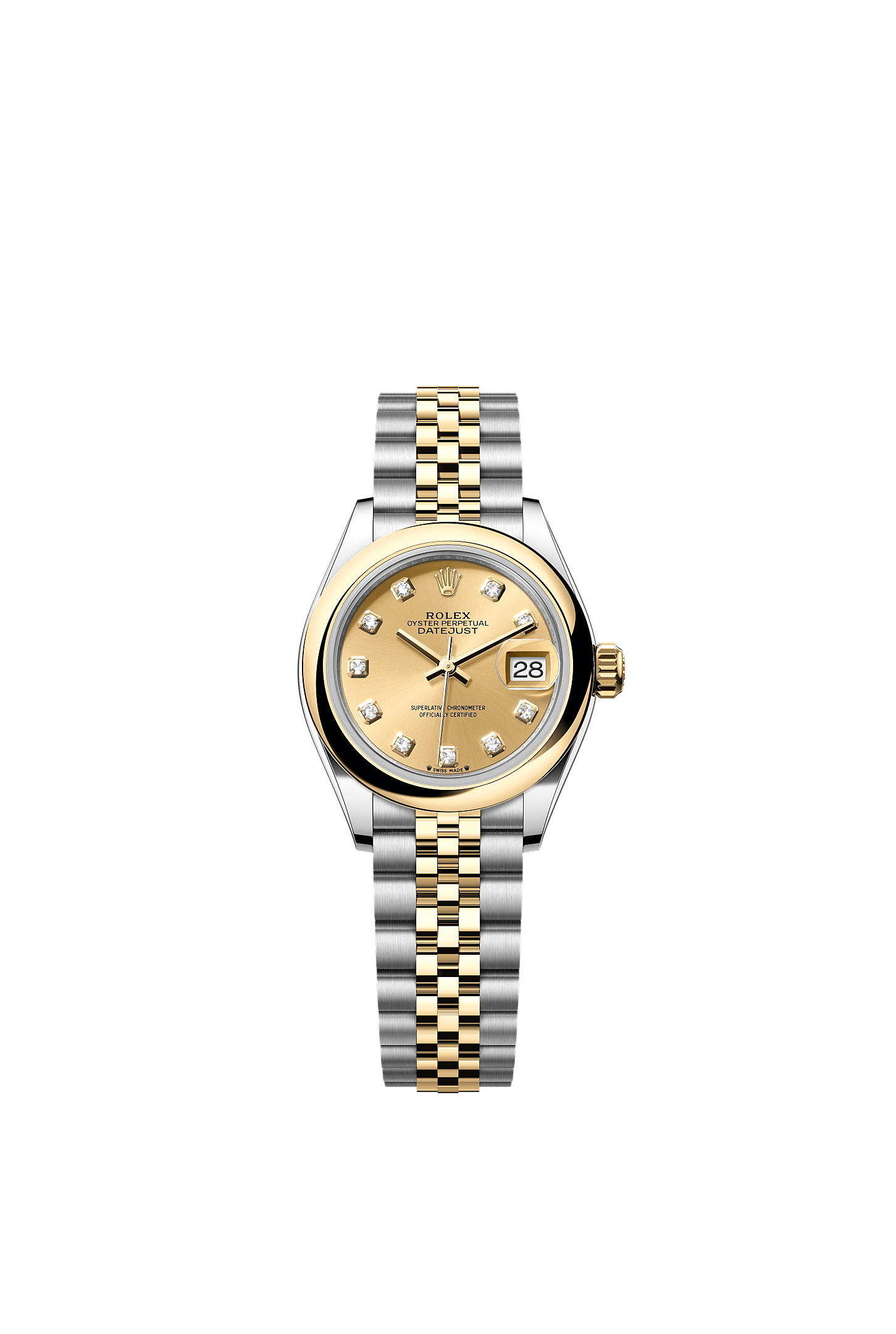 Lady-Datejust, Oyster, 28 mm, Oystersteel and yellow gold, Dial : Champagne-colour set with diamonds, Rolex