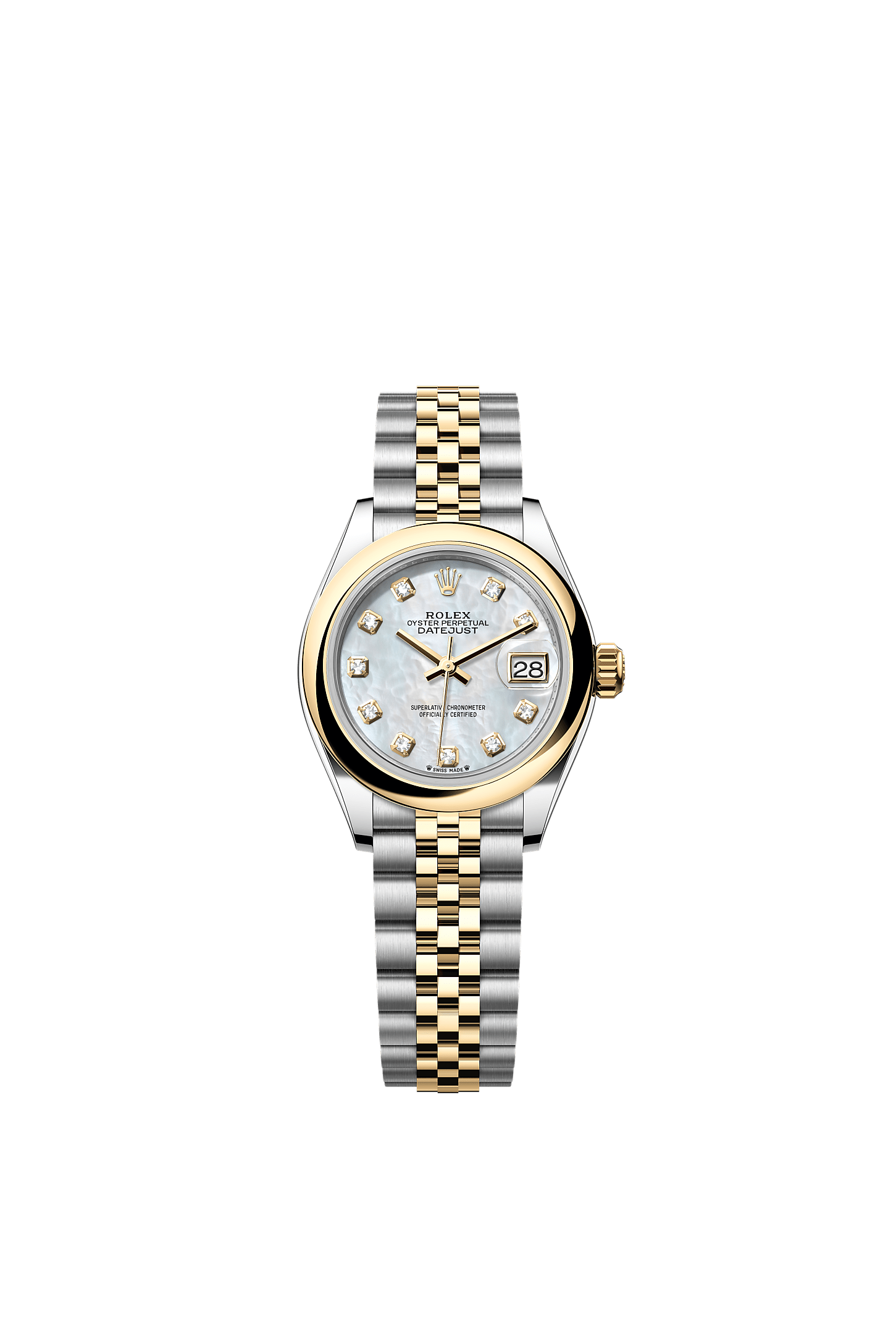 Lady-Datejust, Oyster, 28 mm, Oystersteel and yellow gold, Dial : White mother-of-pearl set with diamonds, Rolex