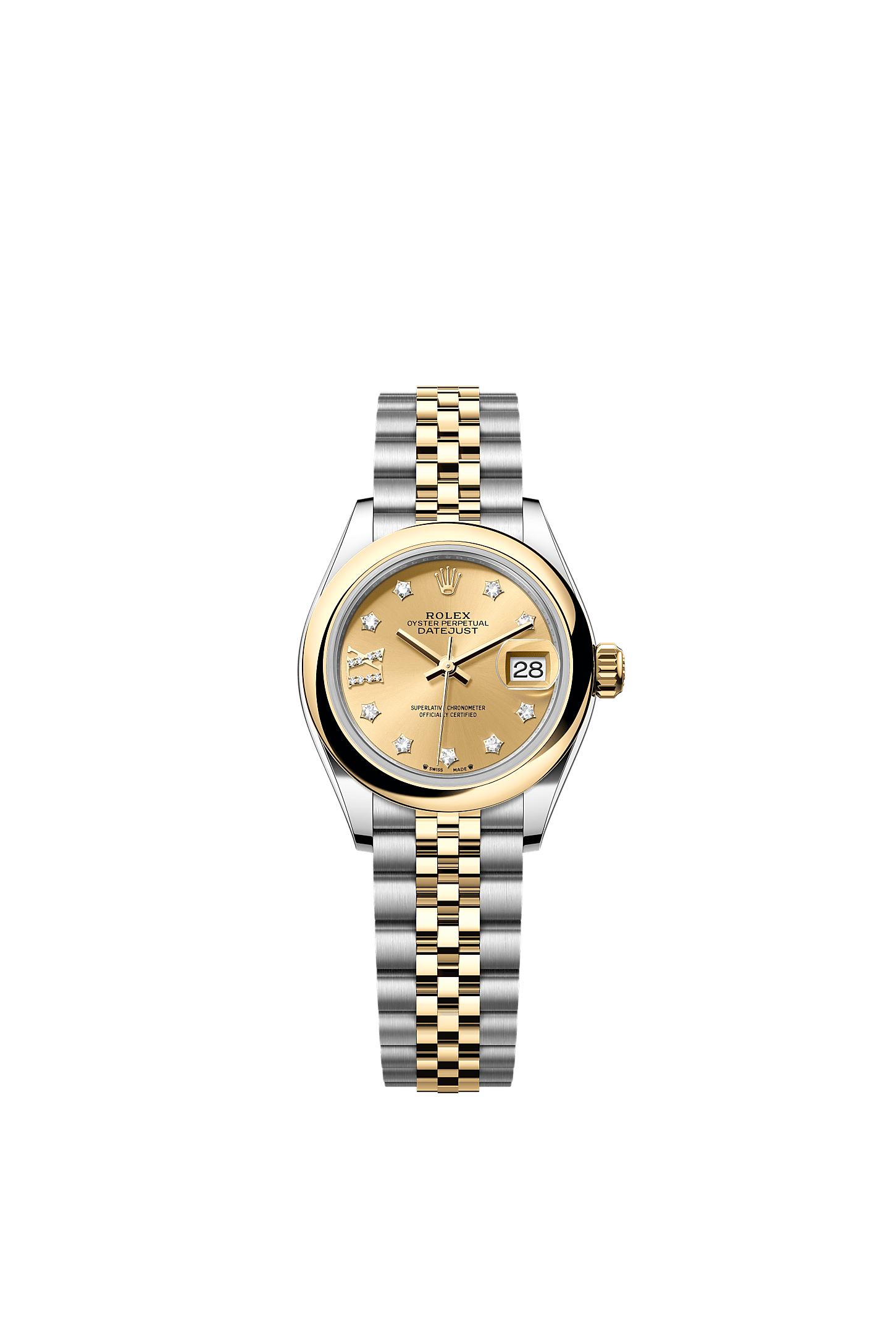 Lady-Datejust, Oyster, 28 mm, Oystersteel and yellow gold, Dial : Champagne-colour set with diamonds, Rolex