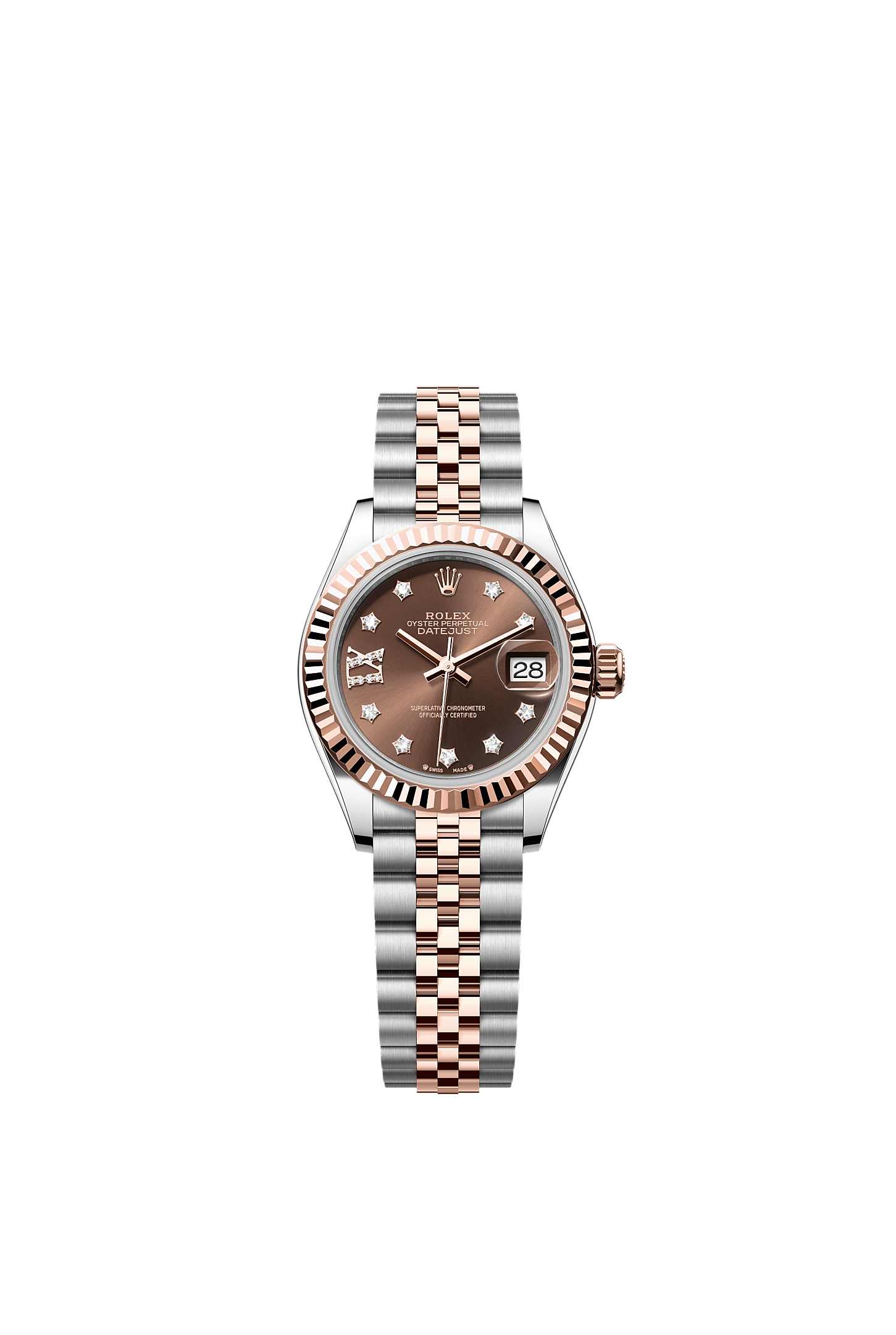 Lady-Datejust, Oyster, 28 mm, Oystersteel and Everose gold, Dial : Chocolate set with diamonds, Rolex