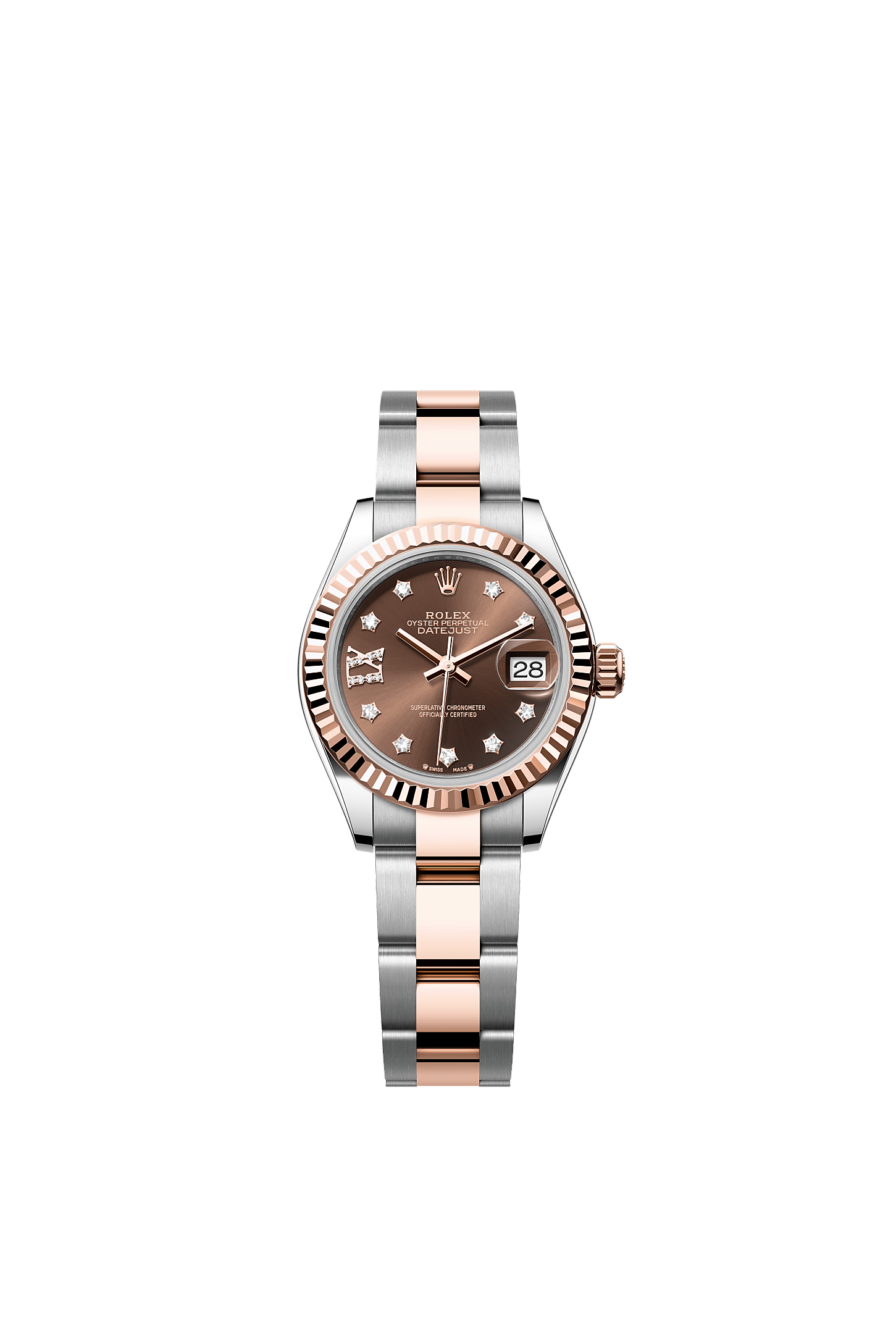 Lady-Datejust, Oyster, 28 mm, Oystersteel and Everose gold, Dial : Chocolate set with diamonds, Rolex