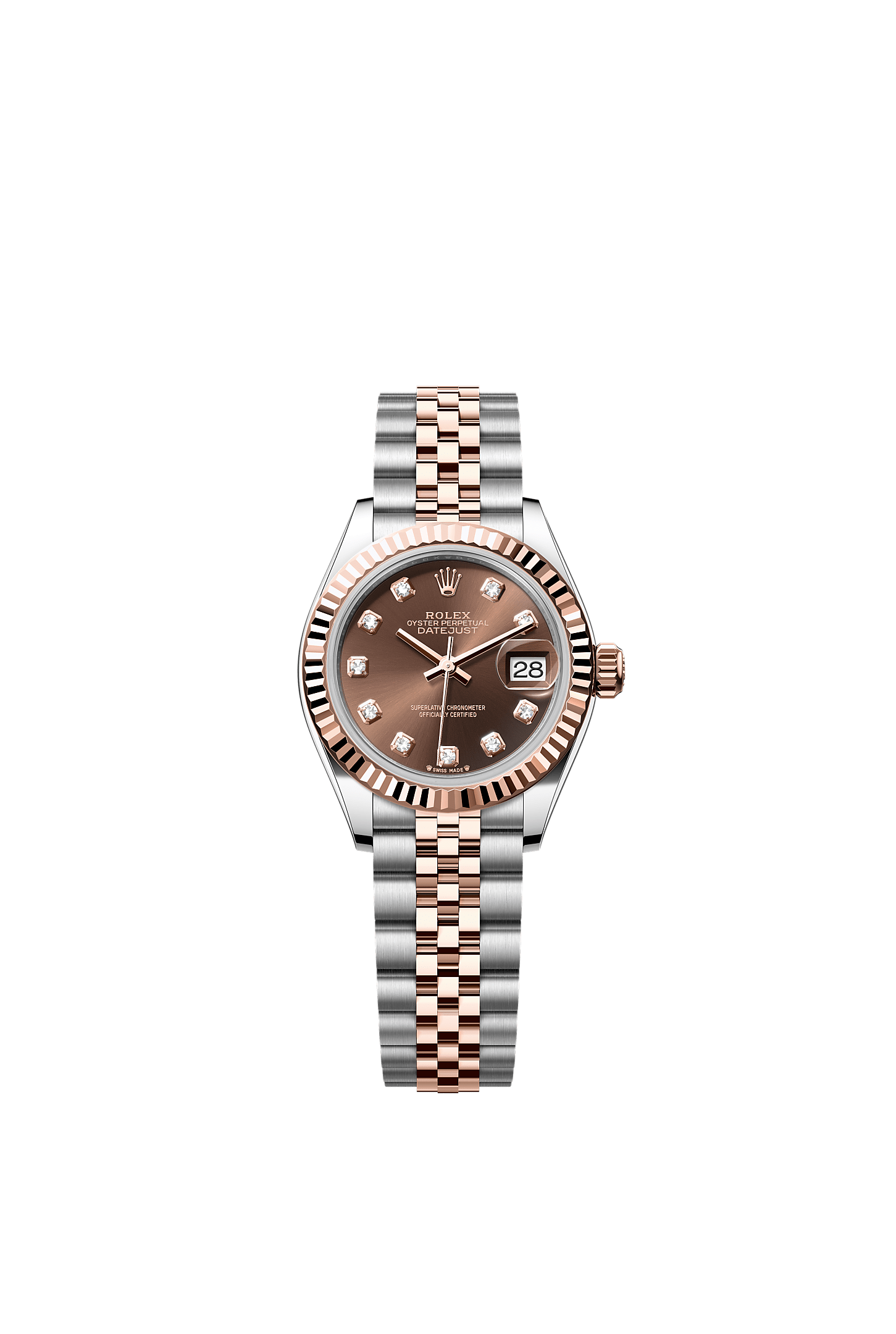 Lady-Datejust, Oyster, 28 mm, Oystersteel and Everose gold, Dial : Chocolate set with diamonds, Rolex