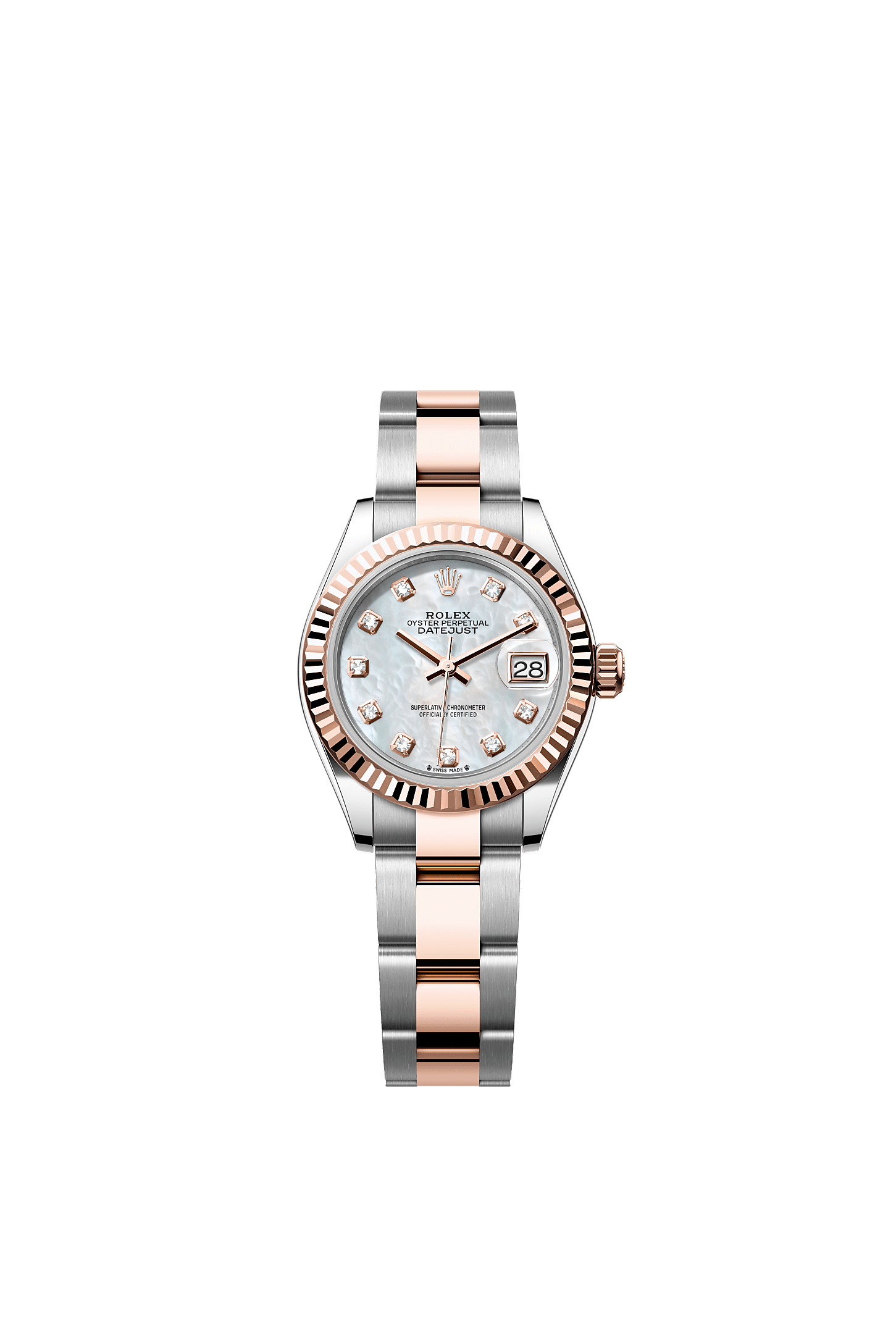 Lady-Datejust, Oyster, 28 mm, Oystersteel and Everose gold, Dial : White mother-of-pearl set with diamonds, Rolex
