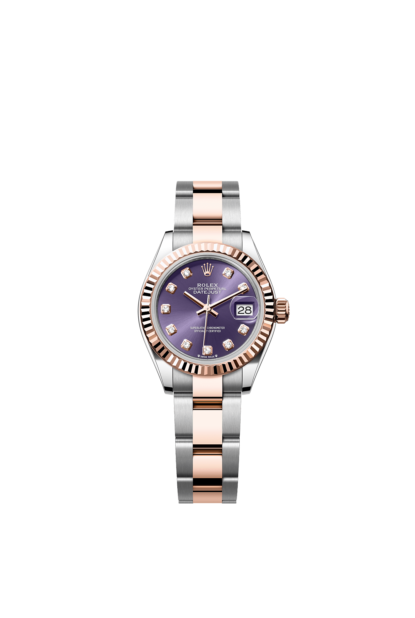 Lady-Datejust, Oyster, 28 mm, Oystersteel and Everose gold, Dial : Aubergine set with diamonds, Rolex