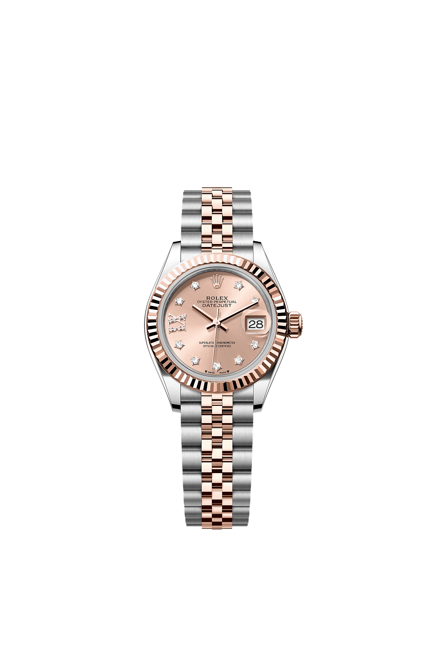 Lady-Datejust, Oyster, 28 mm, Oystersteel and Everose gold, Dial : Rosé-colour set with diamonds, Rolex
