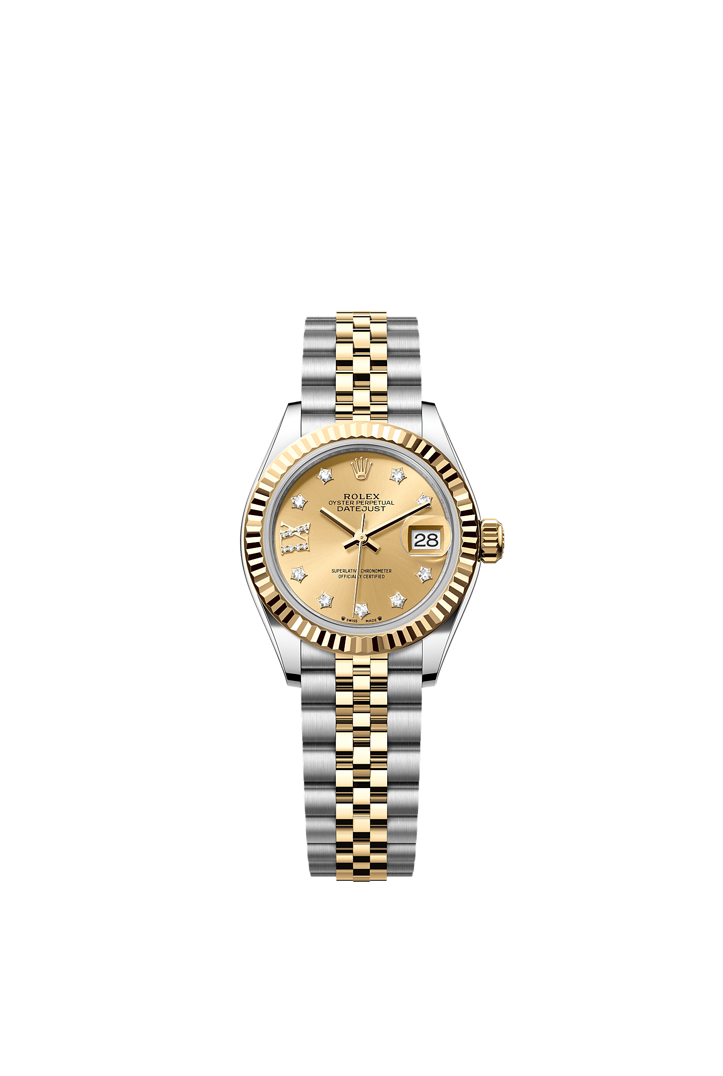 Lady-Datejust, Oyster, 28 mm, Oystersteel and yellow gold, Dial : Champagne-colour set with diamonds, Rolex