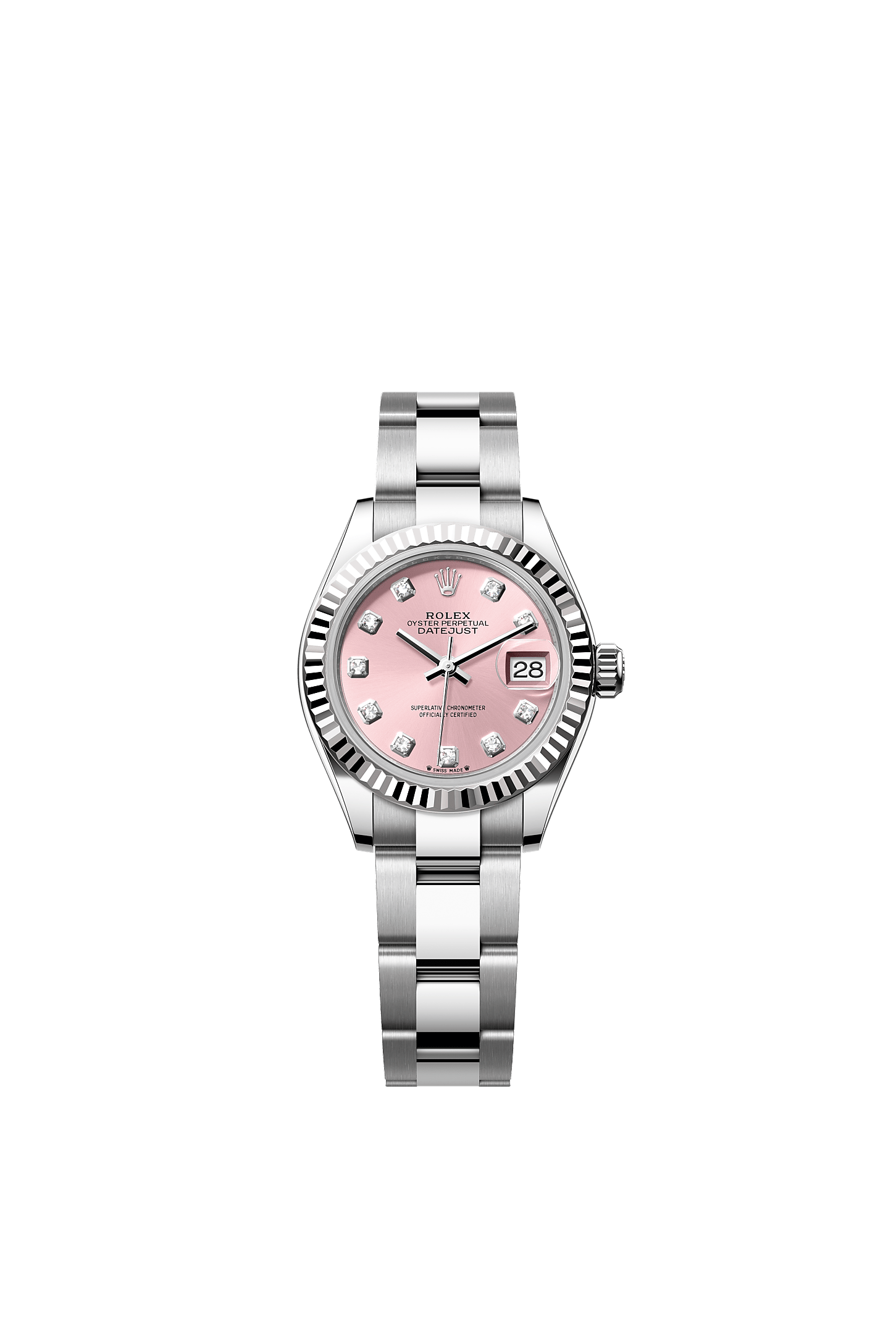 Lady-Datejust, Oyster, 28 mm, Oystersteel and white gold, Dial : Pink set with diamonds, Rolex