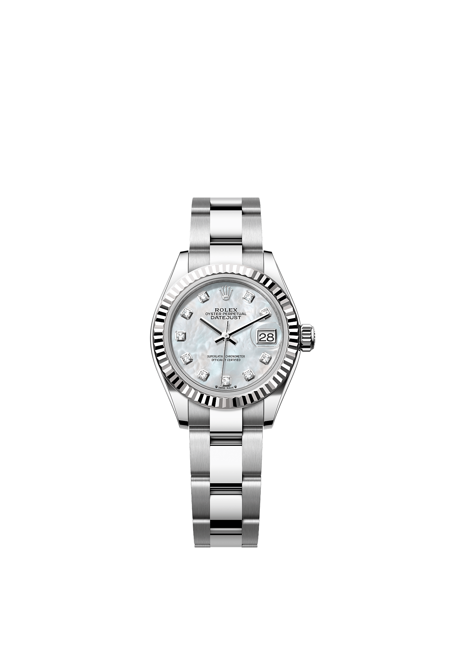 Lady-Datejust, Oyster, 28 mm, Oystersteel and white gold, Dial : White mother-of-pearl set with diamonds, Rolex