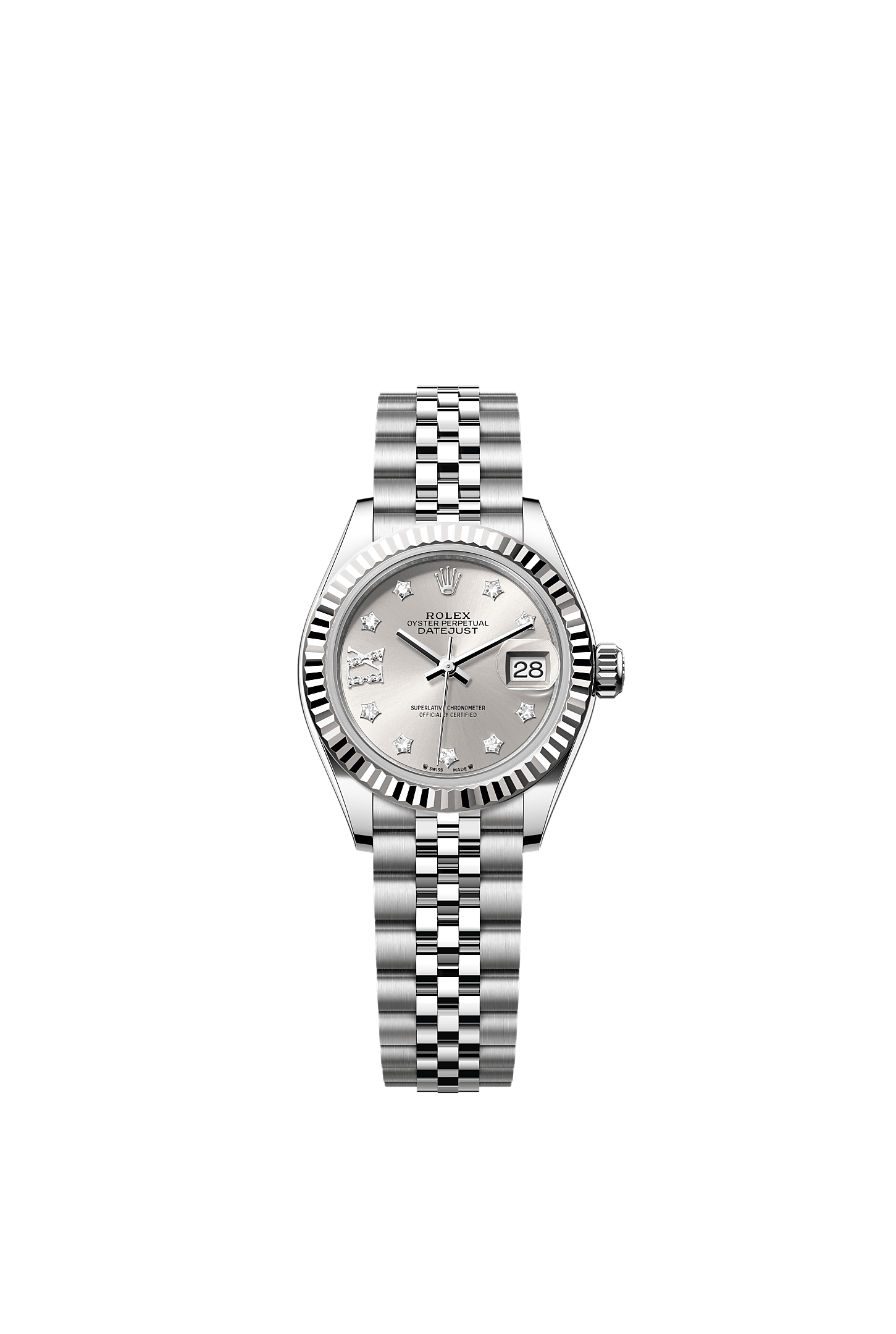 Lady-Datejust, Oyster, 28 mm, Oystersteel and white gold, Dial : Silver set with diamonds, Rolex