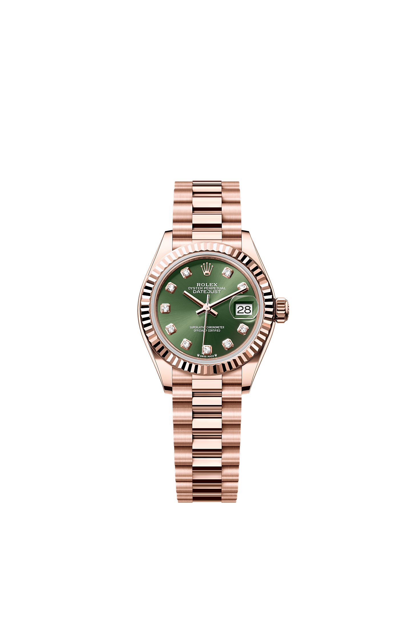 Lady-Datejust, Oyster, 28 mm, Everose gold, Dial : Olive green set with diamonds, Rolex