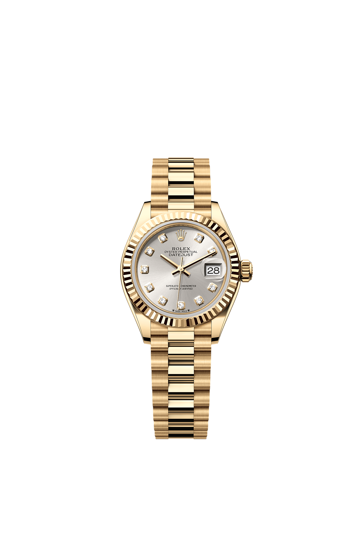 Lady-Datejust, Oyster, 28 mm, yellow gold, Dial : Silver set with diamonds, Rolex