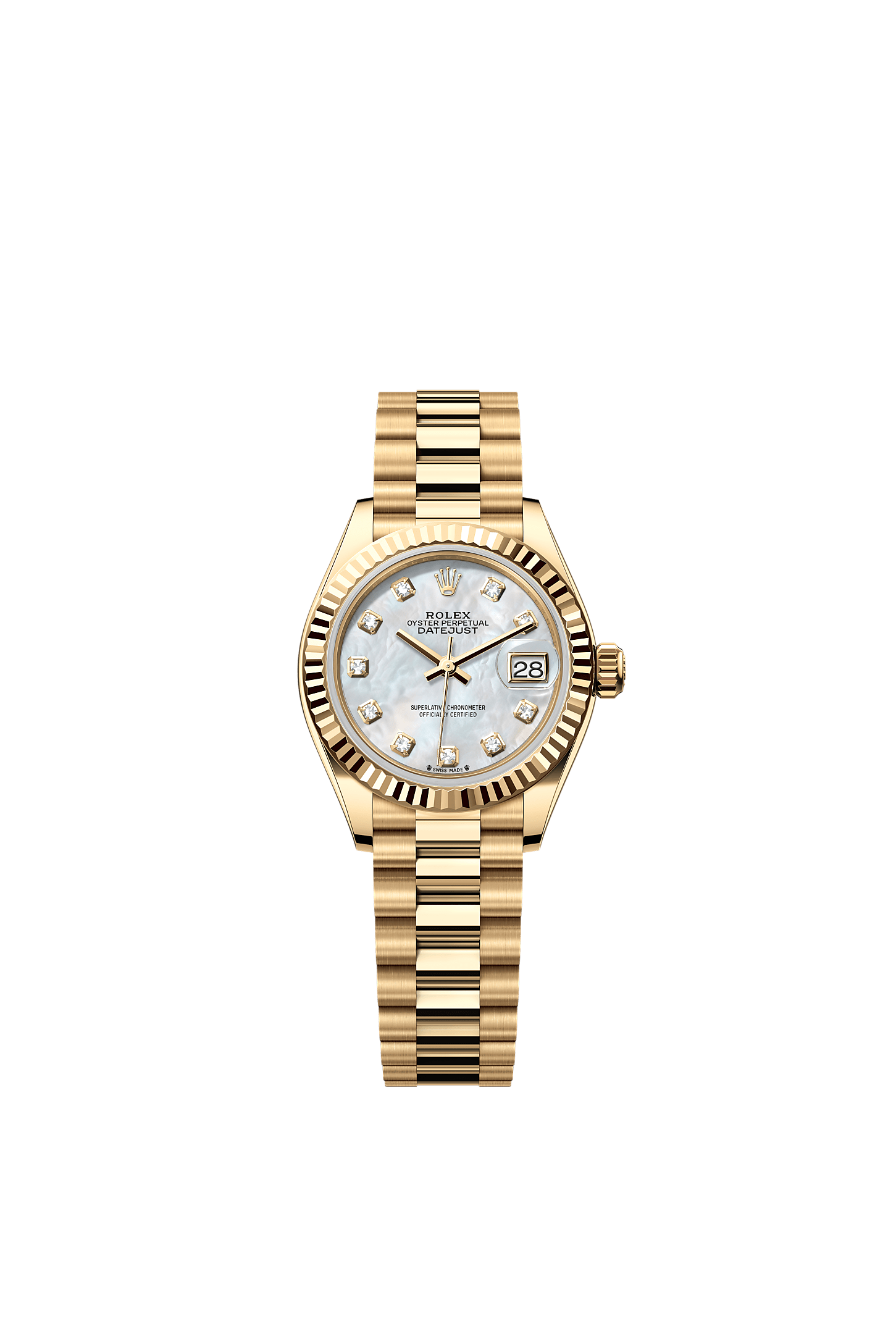Lady-Datejust, Oyster, 28 mm, yellow gold, Dial : White mother-of-pearl set with diamonds, Rolex