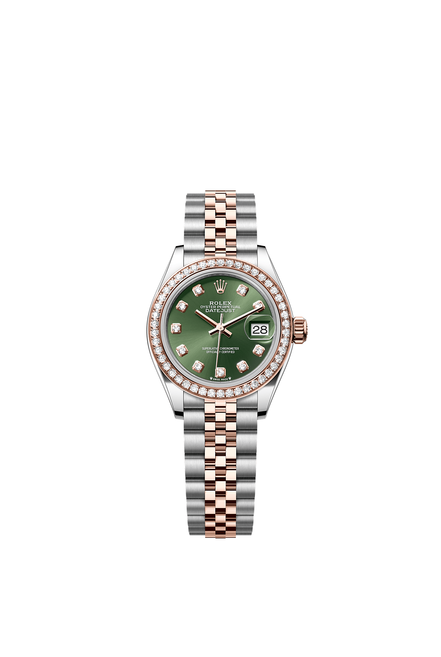 Lady-Datejust, Oyster, 28 mm, Oystersteel, Everose gold and diamonds, Dial : Olive green set with diamonds, Rolex