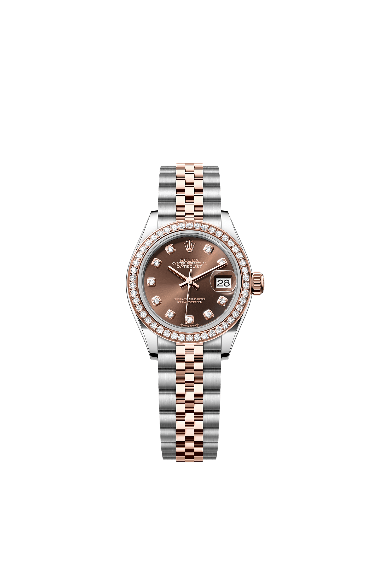 Lady-Datejust, Oyster, 28 mm, Oystersteel, Everose gold and diamonds, Dial : Chocolate set with diamonds, Rolex