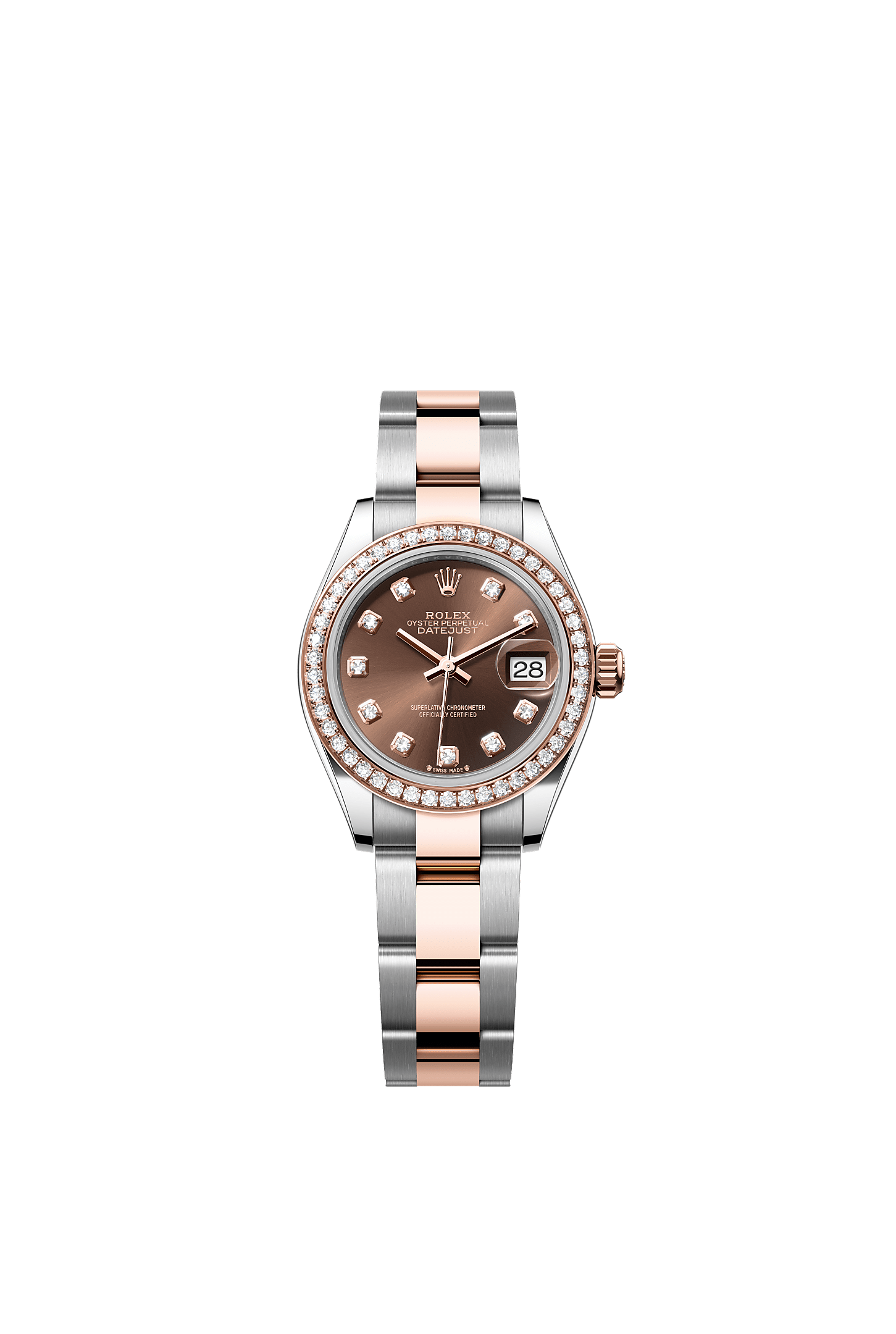 Lady-Datejust, Oyster, 28 mm, Oystersteel, Everose gold and diamonds, Dial : Chocolate set with diamonds, Rolex