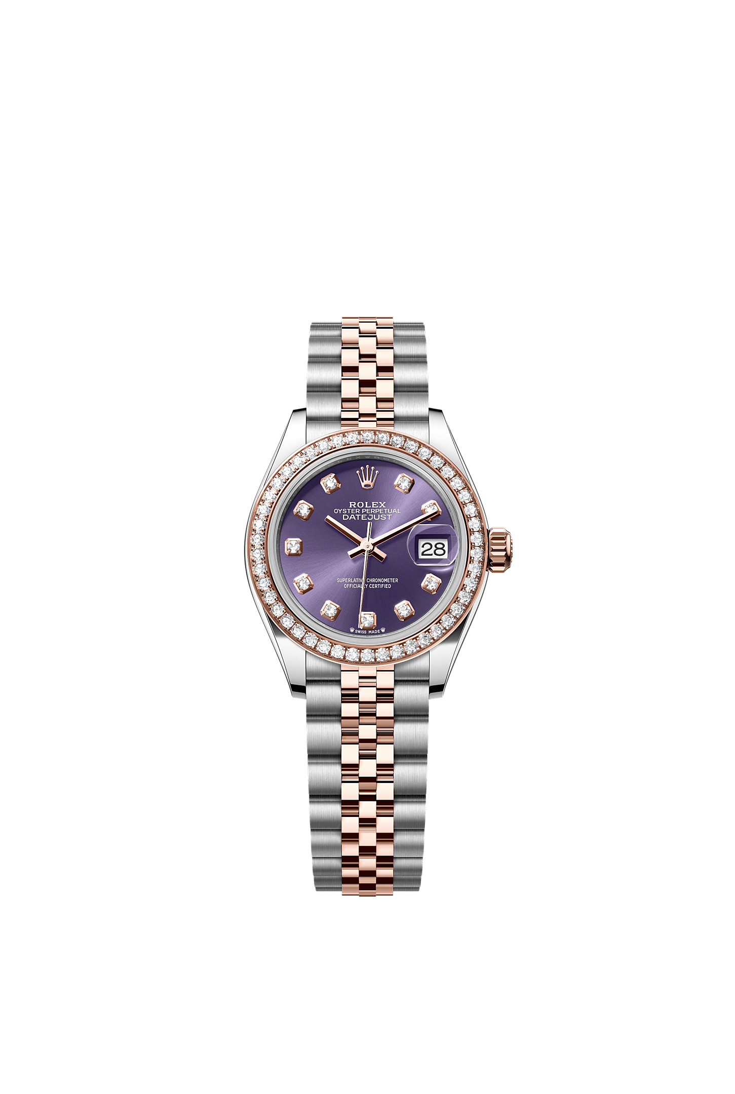 Lady-Datejust, Oyster, 28 mm, Oystersteel, Everose gold and diamonds, Dial : Aubergine set with diamonds, Rolex