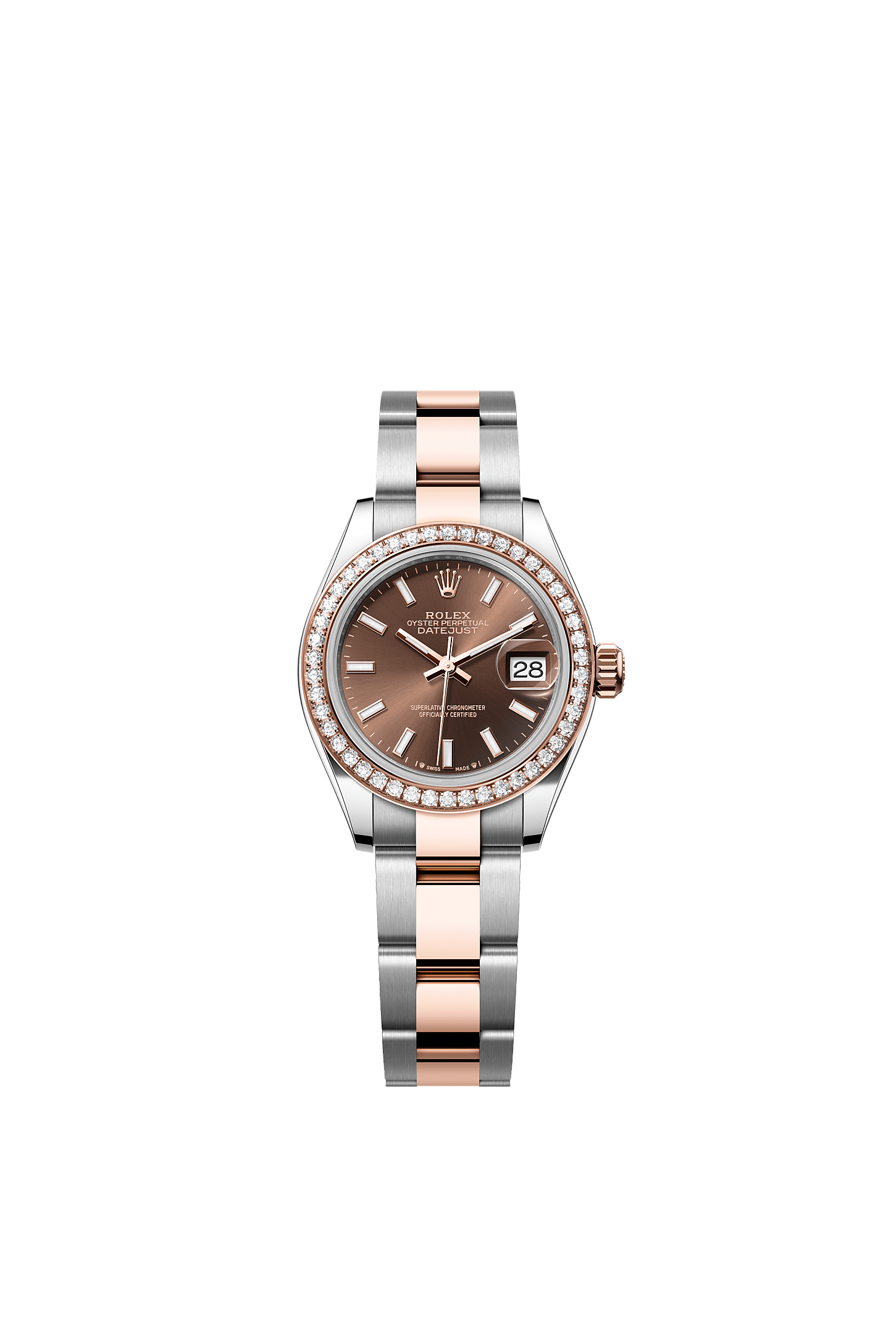 Lady-Datejust, Oyster, 28 mm, Oystersteel, Everose gold and diamonds, Dial : Chocolate, Rolex