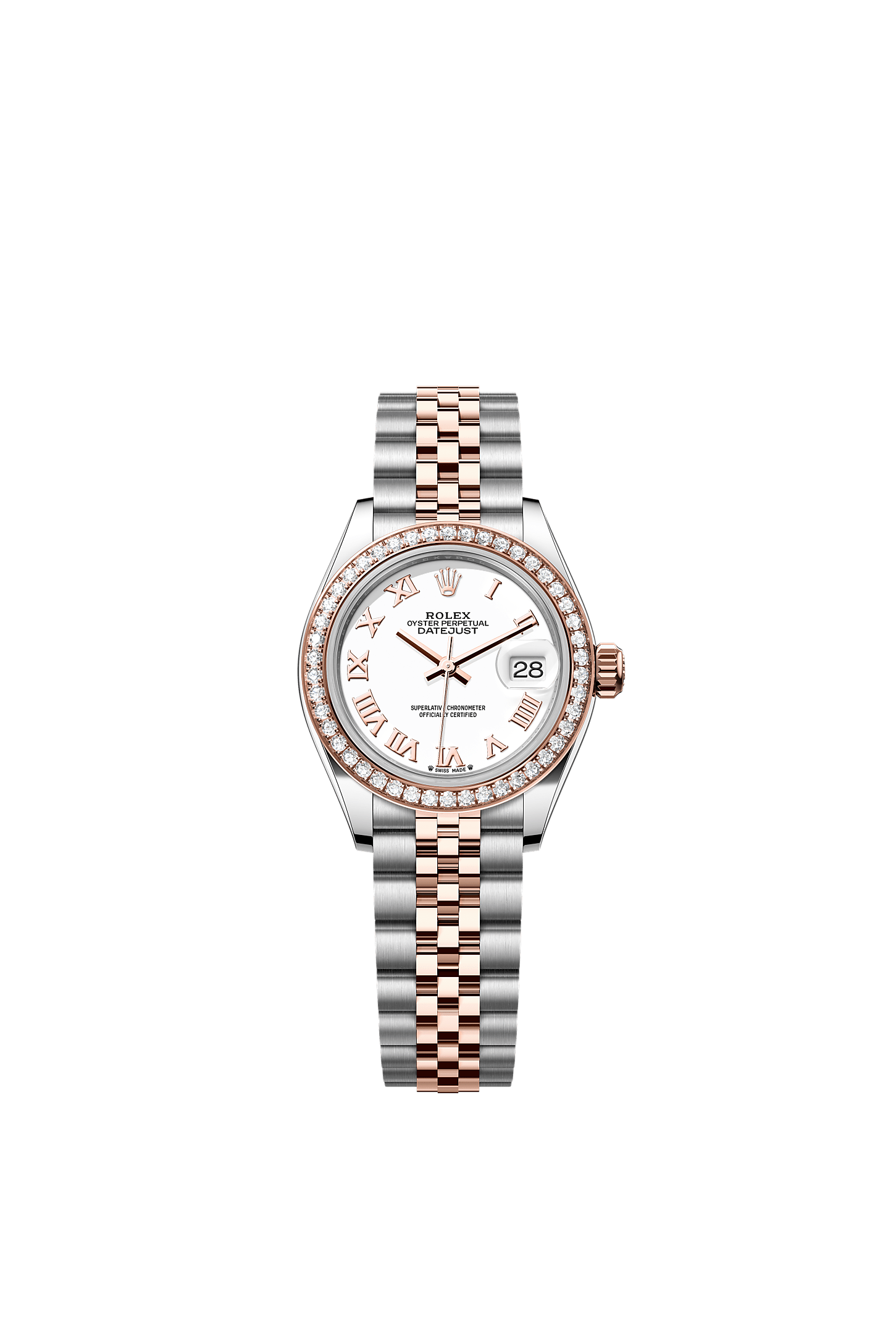 Lady-Datejust, Oyster, 28 mm, Oystersteel, Everose gold and diamonds, Dial : White, Rolex