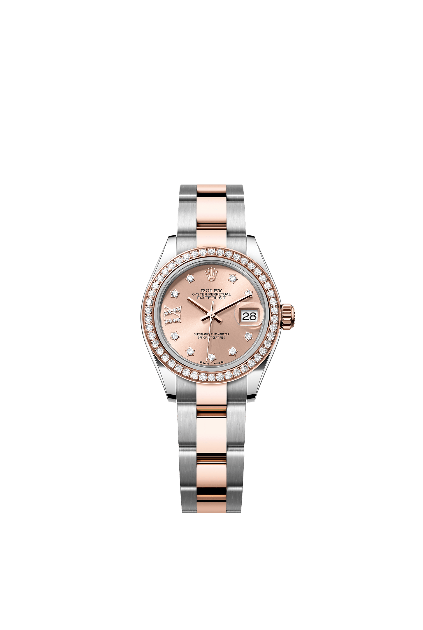 Lady-Datejust, Oyster, 28 mm, Oystersteel, Everose gold and diamonds, Dial : Rosé-colour set with diamonds, Rolex
