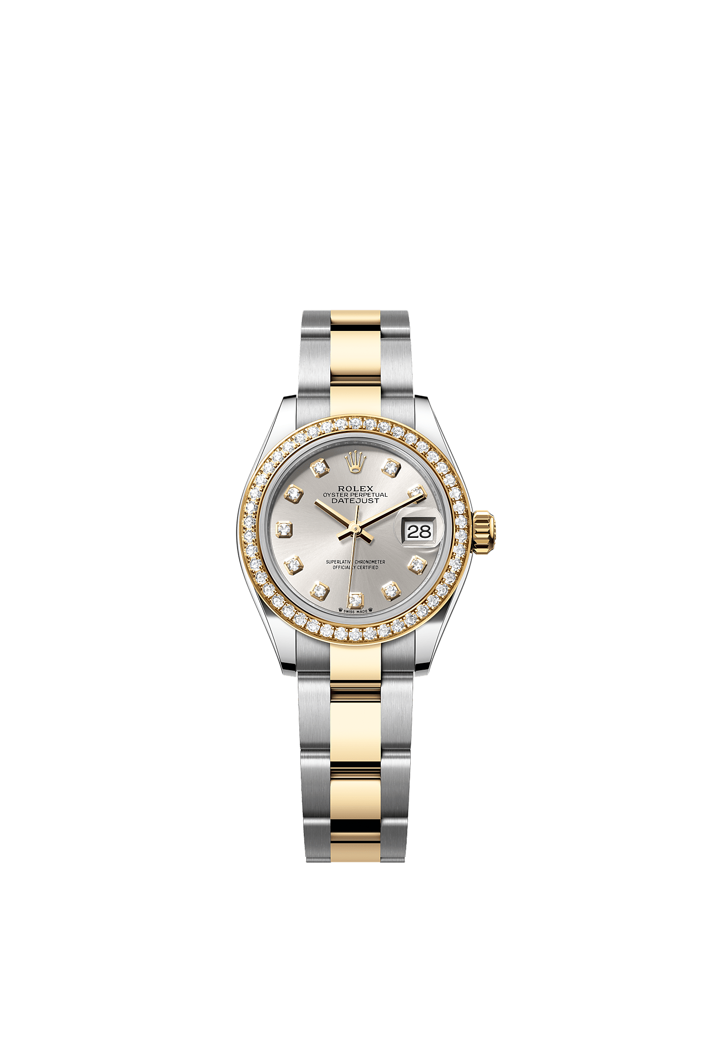 Lady-Datejust, Oyster, 28 mm, Oystersteel, yellow gold and diamonds, Dial : Silver set with diamonds, Rolex