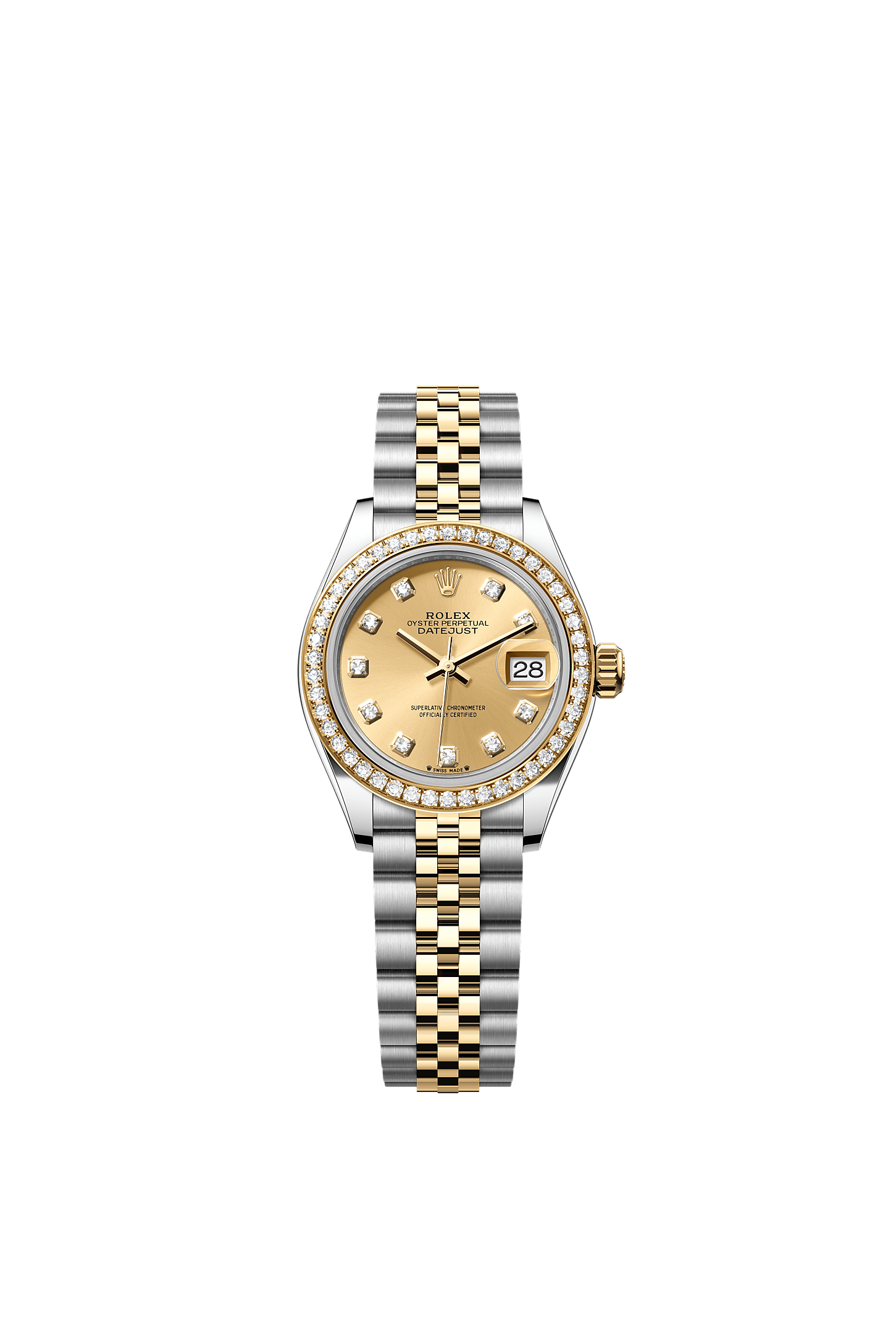 Lady-Datejust, Oyster, 28 mm, Oystersteel, yellow gold and diamonds, Dial : Champagne-colour set with diamonds, Rolex