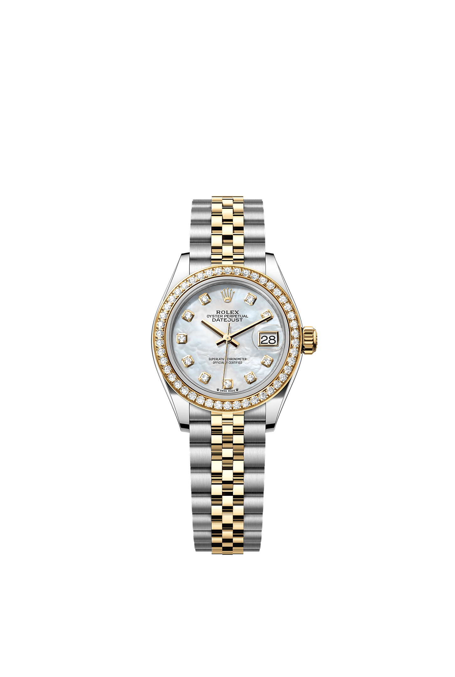 Lady-Datejust, Oyster, 28 mm, Oystersteel, yellow gold and diamonds, Dial : White mother-of-pearl set with diamonds, Rolex