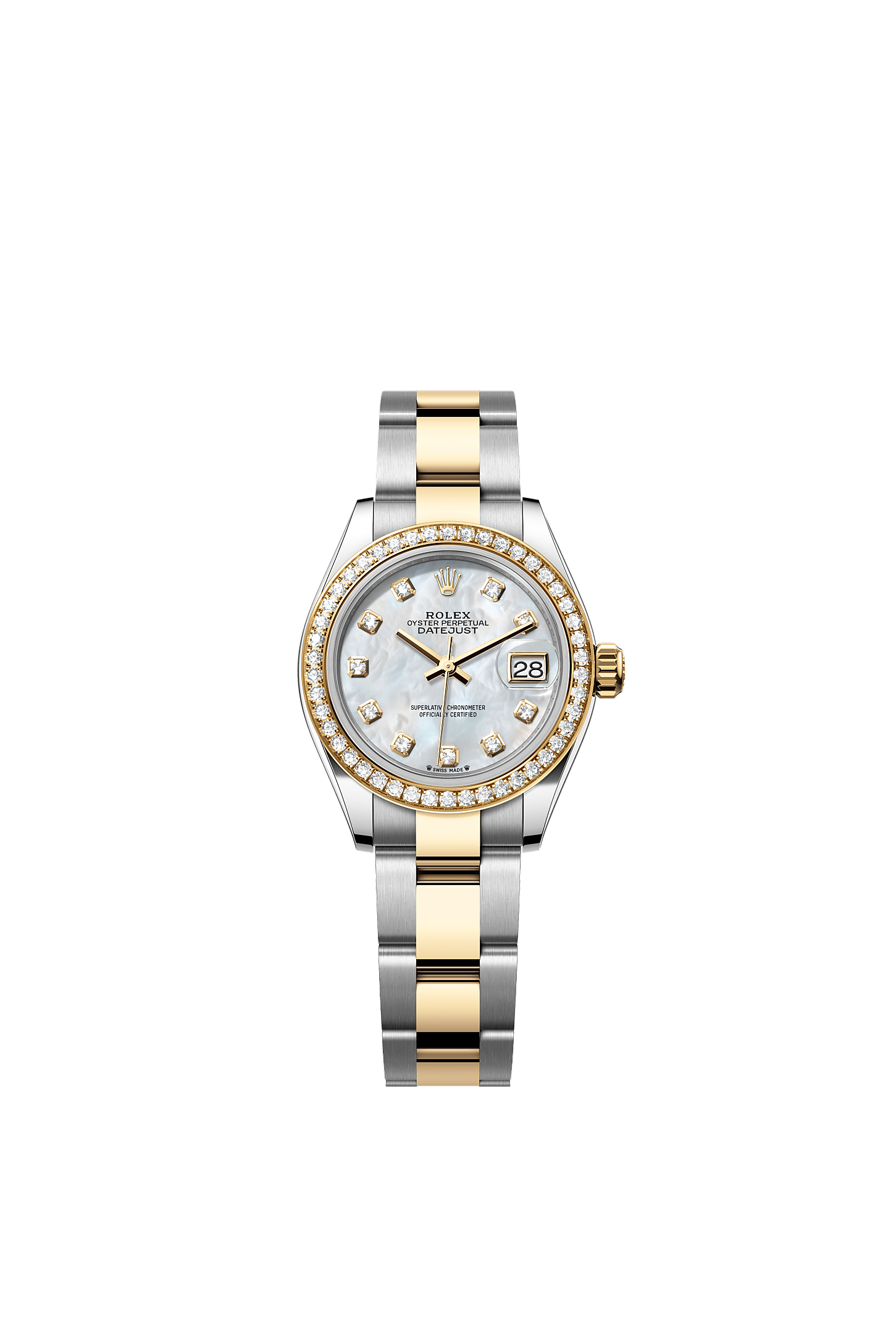 Lady-Datejust, Oyster, 28 mm, Oystersteel, yellow gold and diamonds, Dial : White mother-of-pearl set with diamonds, Rolex