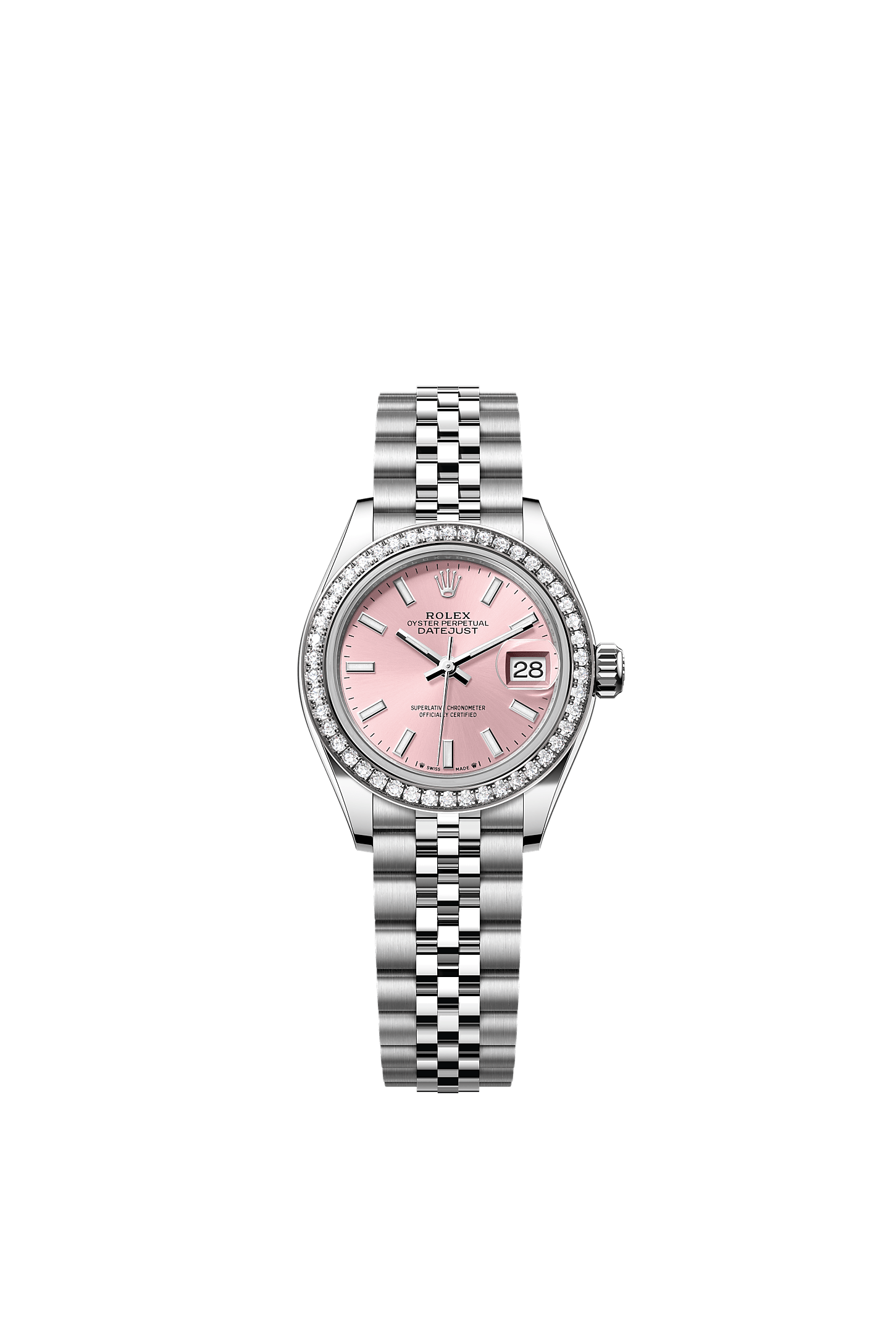 Lady-Datejust, Oyster, 28 mm, Oystersteel, white gold and diamonds, Dial : Pink, Rolex