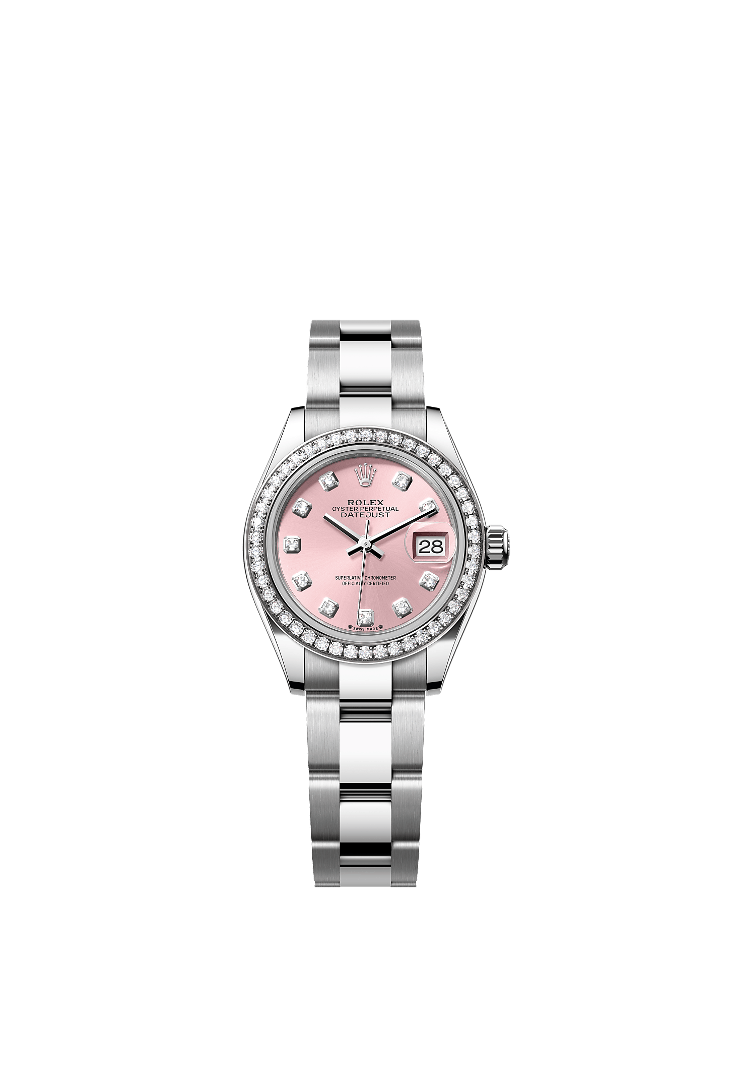 Lady-Datejust, Oyster, 28 mm, Oystersteel, white gold and diamonds, Dial : Pink set with diamonds, Rolex