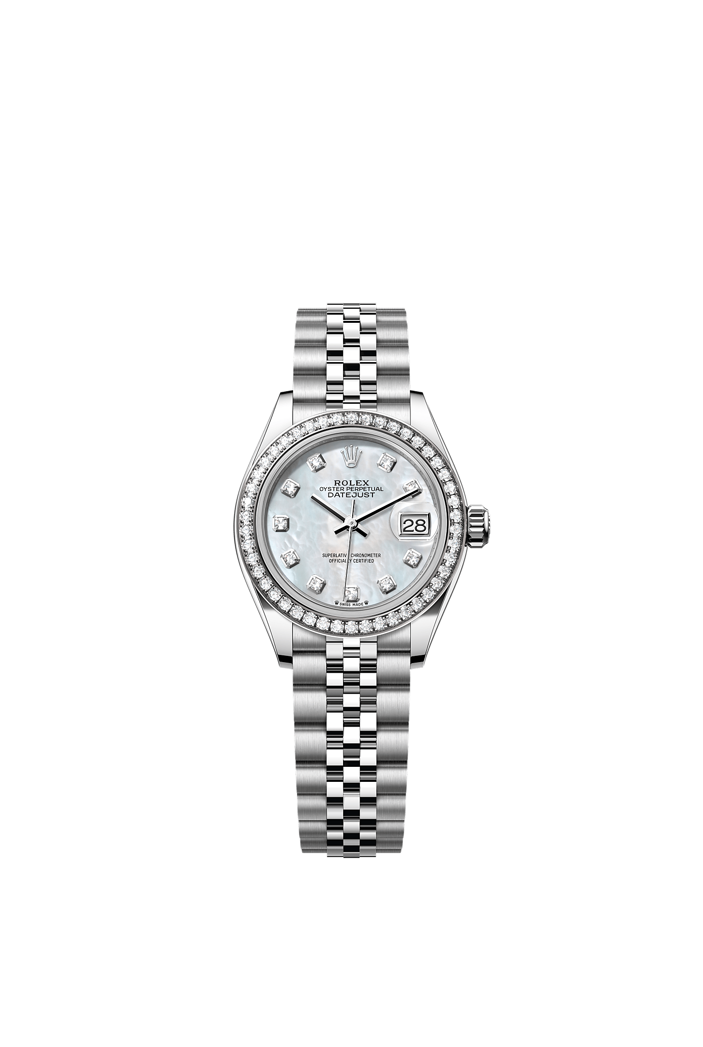 Lady-Datejust, Oyster, 28 mm, Oystersteel, white gold and diamonds, Dial : White mother-of-pearl set with diamonds, Rolex