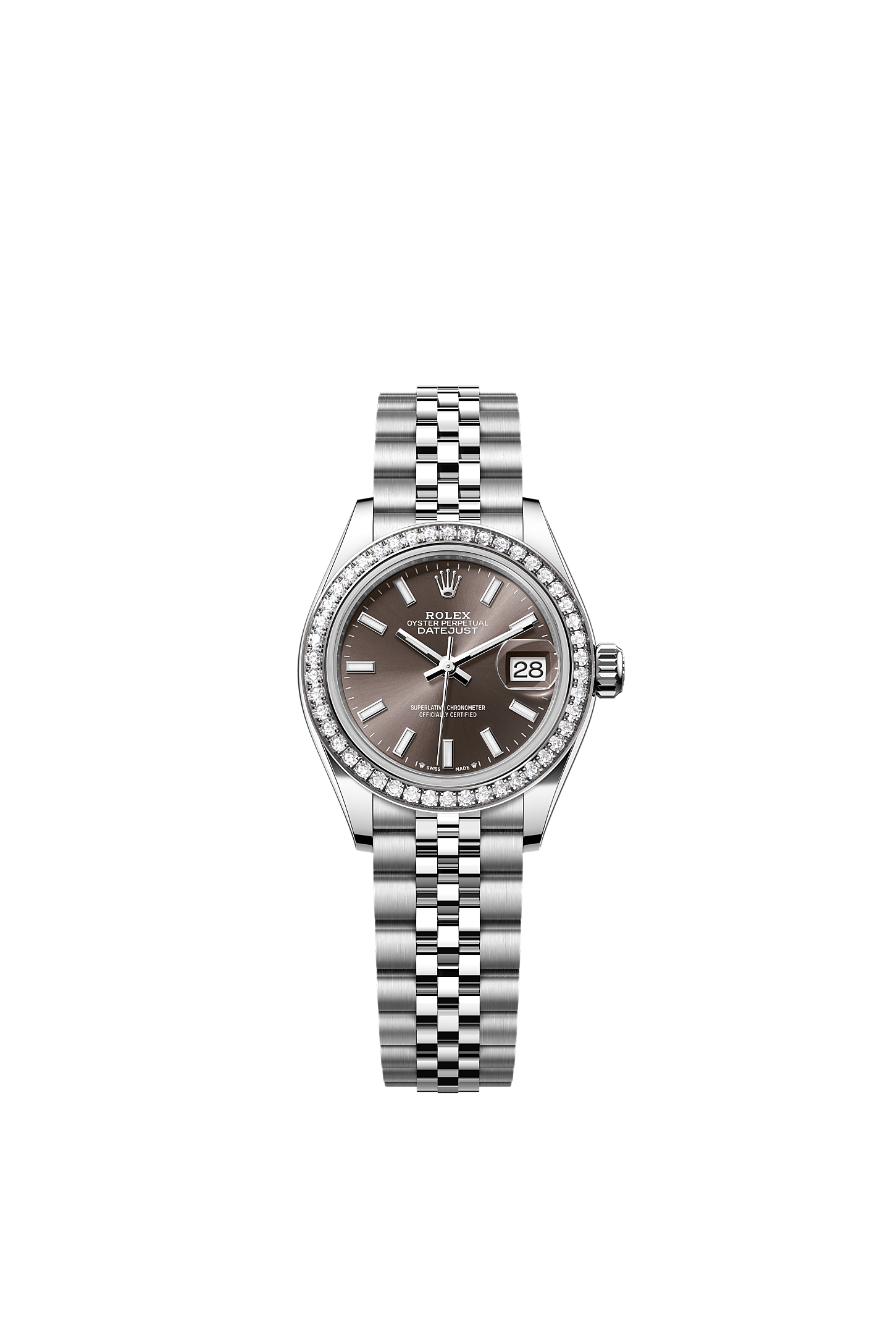 Lady-Datejust, Oyster, 28 mm, Oystersteel, white gold and diamonds, Dial : Dark grey, Rolex