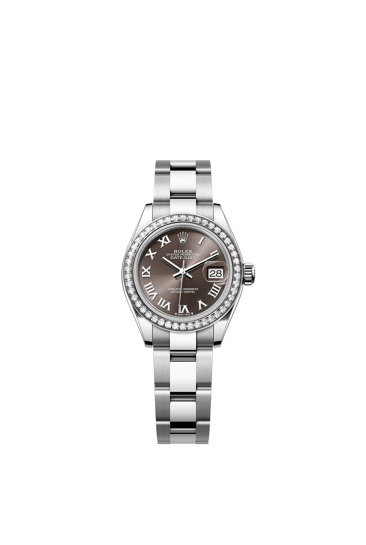 Lady-Datejust, Oyster, 28 mm, Oystersteel, white gold and diamonds, Dial : Dark grey, Rolex
