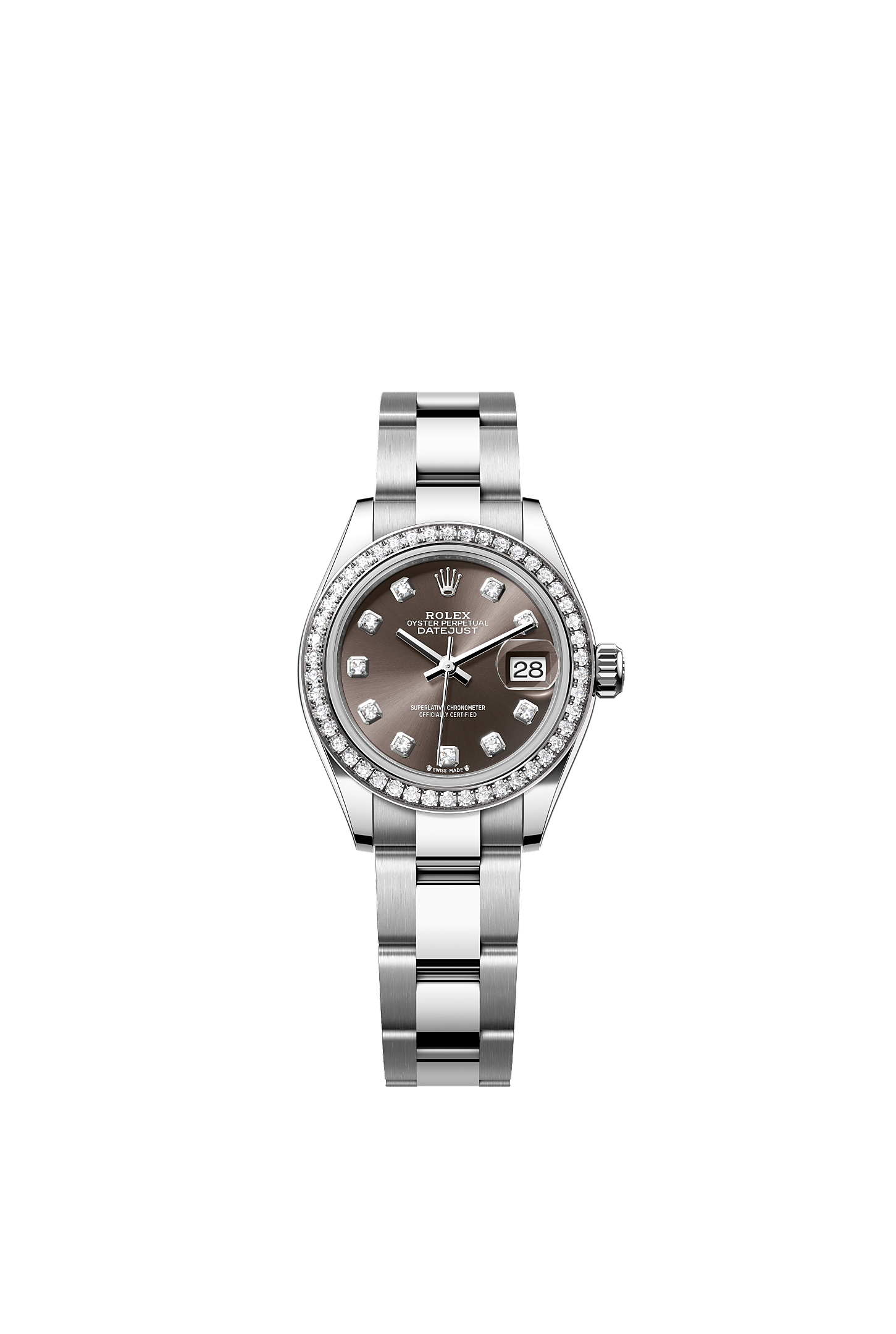 Lady-Datejust, Oyster, 28 mm, Oystersteel, white gold and diamonds, Dial : Dark grey set with diamonds, Rolex