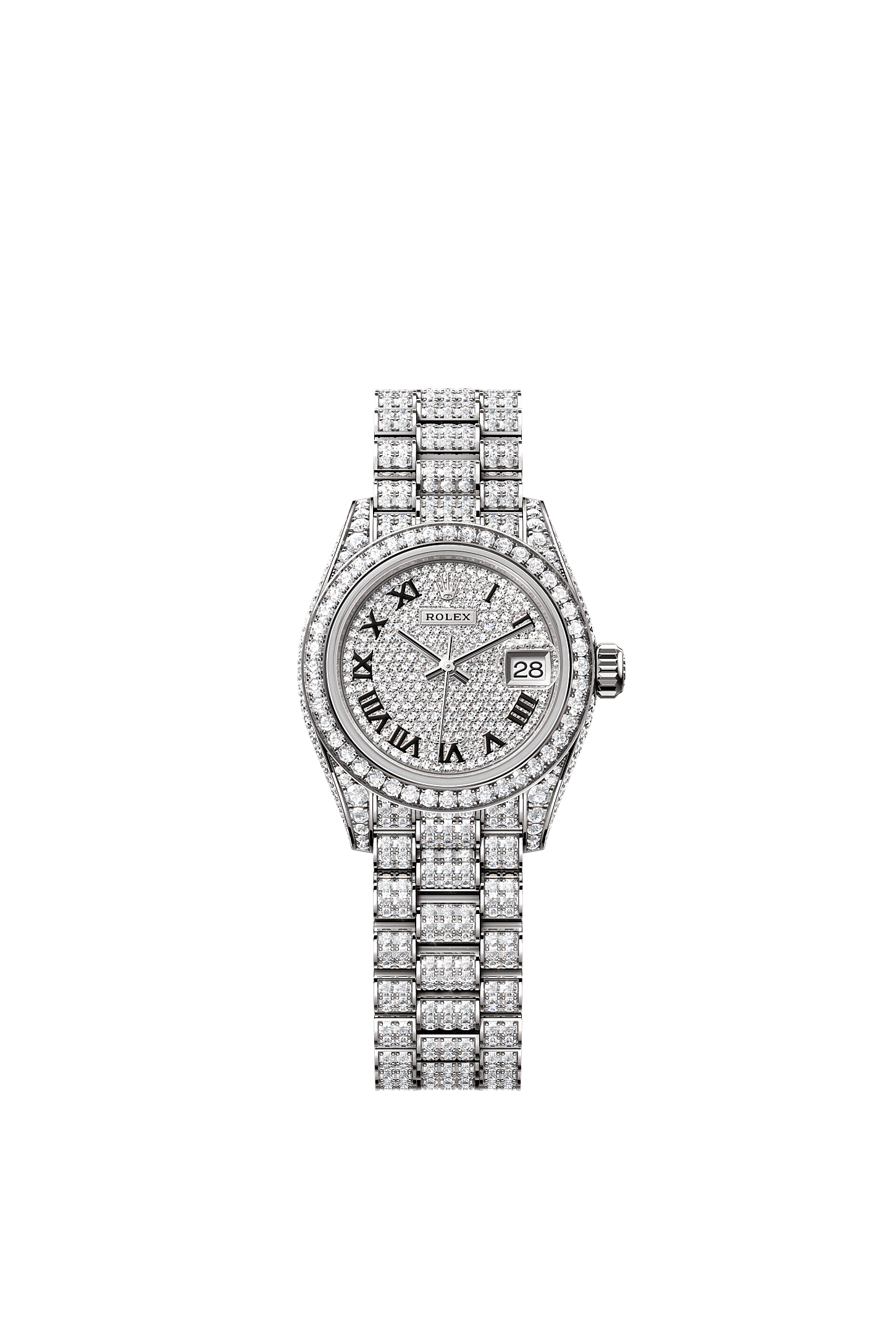 女装日志型, 蚝式，28毫米，钻石及白色黄金, 表盘 : 密镶钻石, Rolex