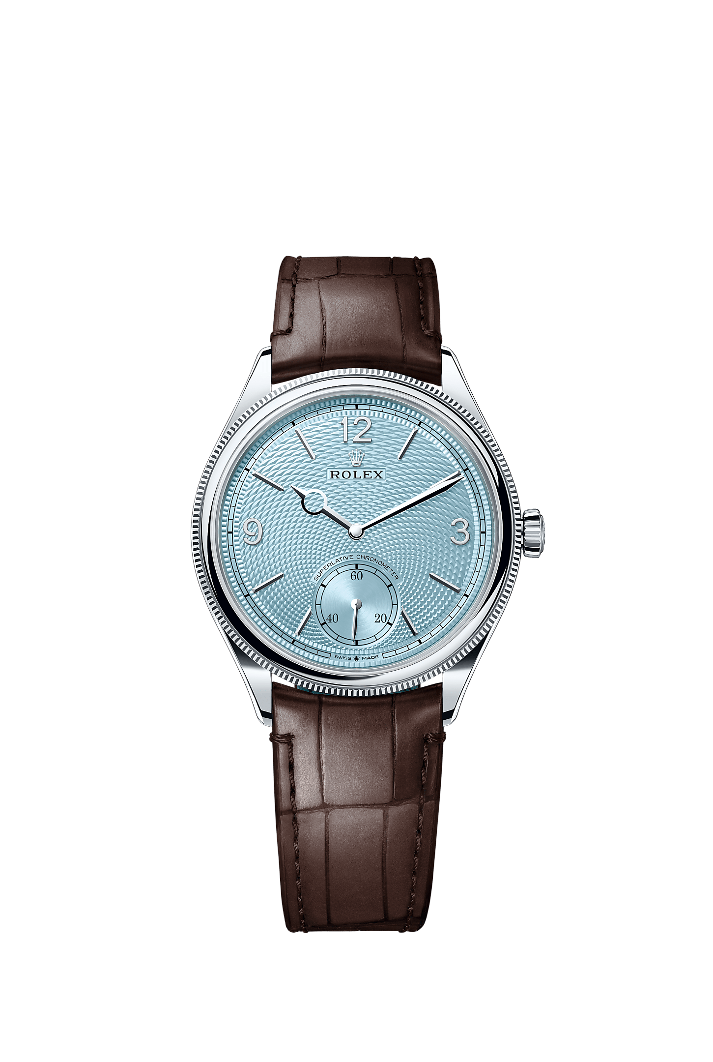 1908, 39 mm, platinum, polished finish, Dial : Ice blue, rice-grain motif, Rolex