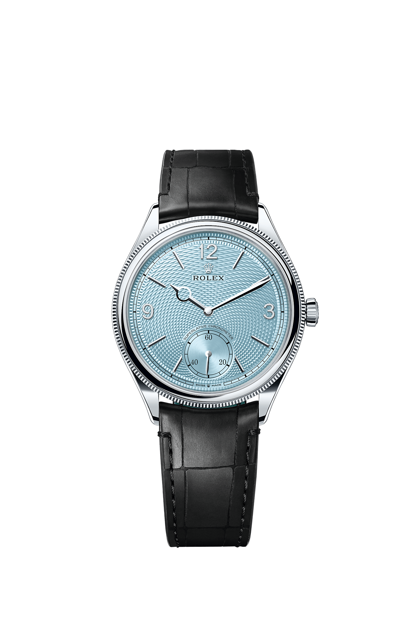 1908, 39 mm, platinum, polished finish, Dial : Ice blue, rice-grain motif, Rolex