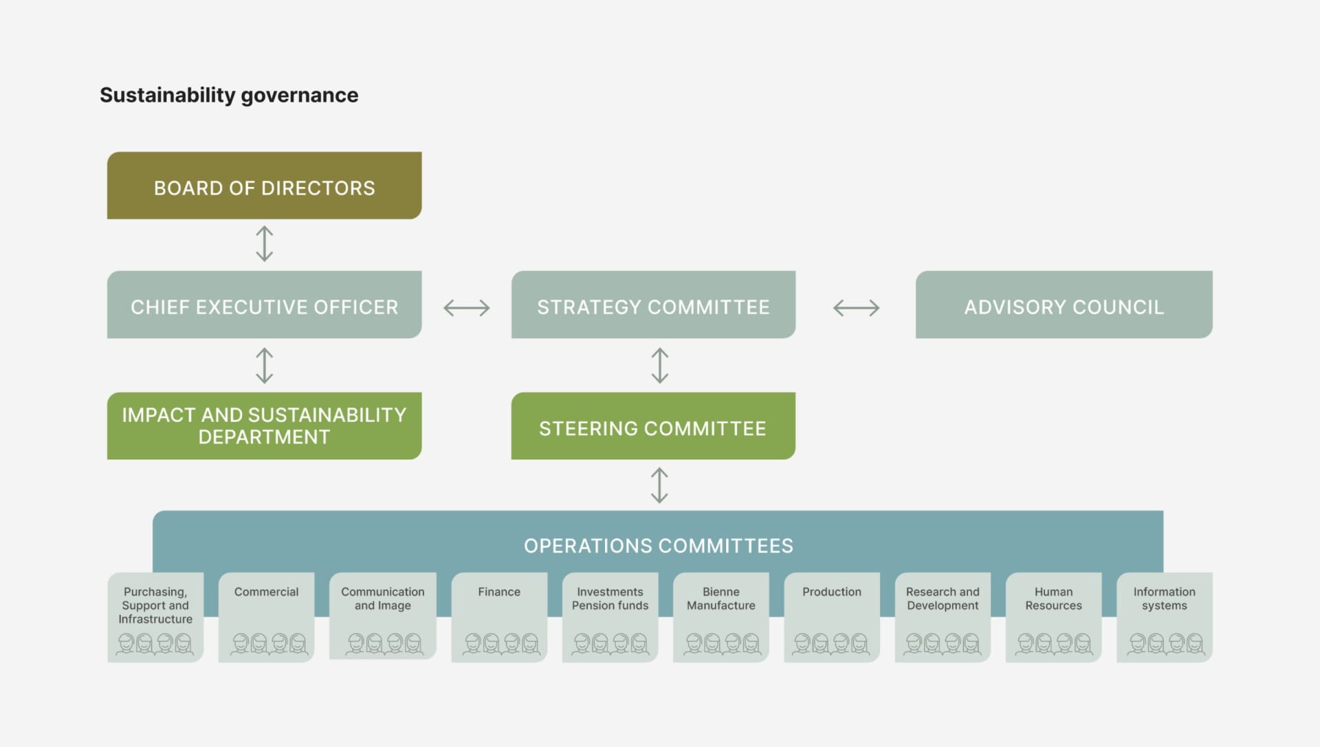 This diagram outlines the governance structure of Rolex’s sustainability strategy and activities. At the top, the Board of Directors approves and ensures the strategy's implementation. The Chief Executive Officer manages operations, including sustainability, and reports to the Board. The Sustainability Strategy Committee, led by the CEO and Head of Sustainability, drives these efforts and meets quarterly. The Sustainability Advisory Council, composed of external experts, advises on sector-specific sustainability issues.  The Impact and Sustainability Department coordinates the strategy, engaging stakeholders and driving change across the company. The Sustainability Steering Committee, with representatives from all divisions, oversees the strategy’s implementation and alignment, including with the TUDOR brand. Finally, various operational committees ensure sustainability is integrated into key business areas like purchasing, finance, production, and IT.