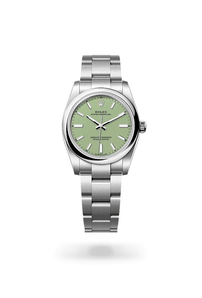 Oyster Perpetual 34, Oyster, 34 mm, Oystersteel, Dial : Pistachio, Rolex