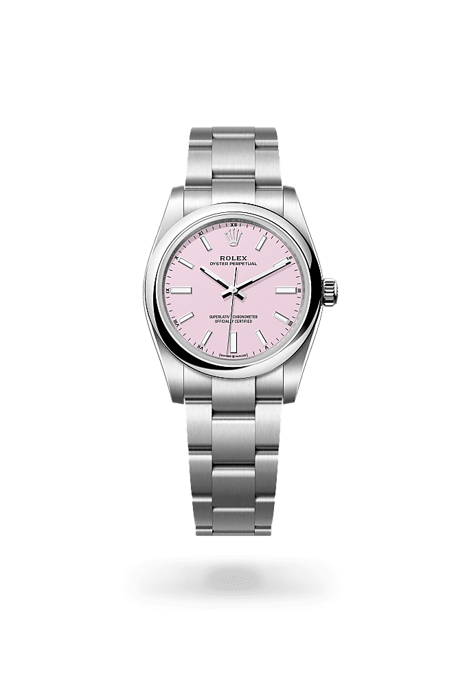 Oyster Perpetual 34, Oyster, 34 mm, Oystersteel, Dial : Candy pink, Rolex