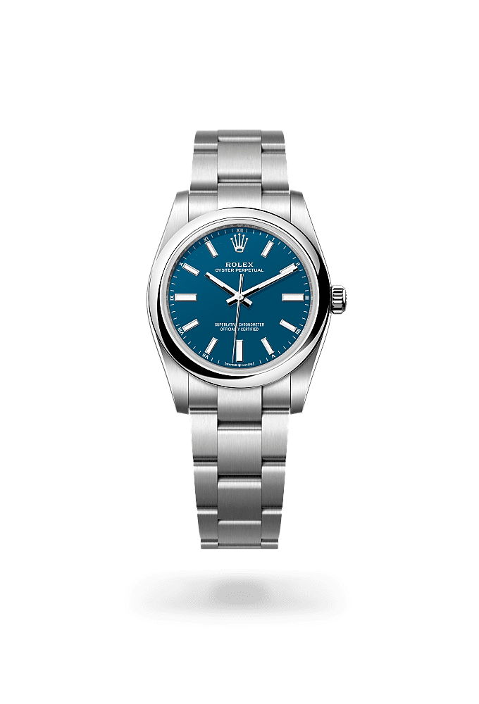 Oyster Perpetual 34, Oyster, 34 mm, Oystersteel, Dial : Med blue, Rolex