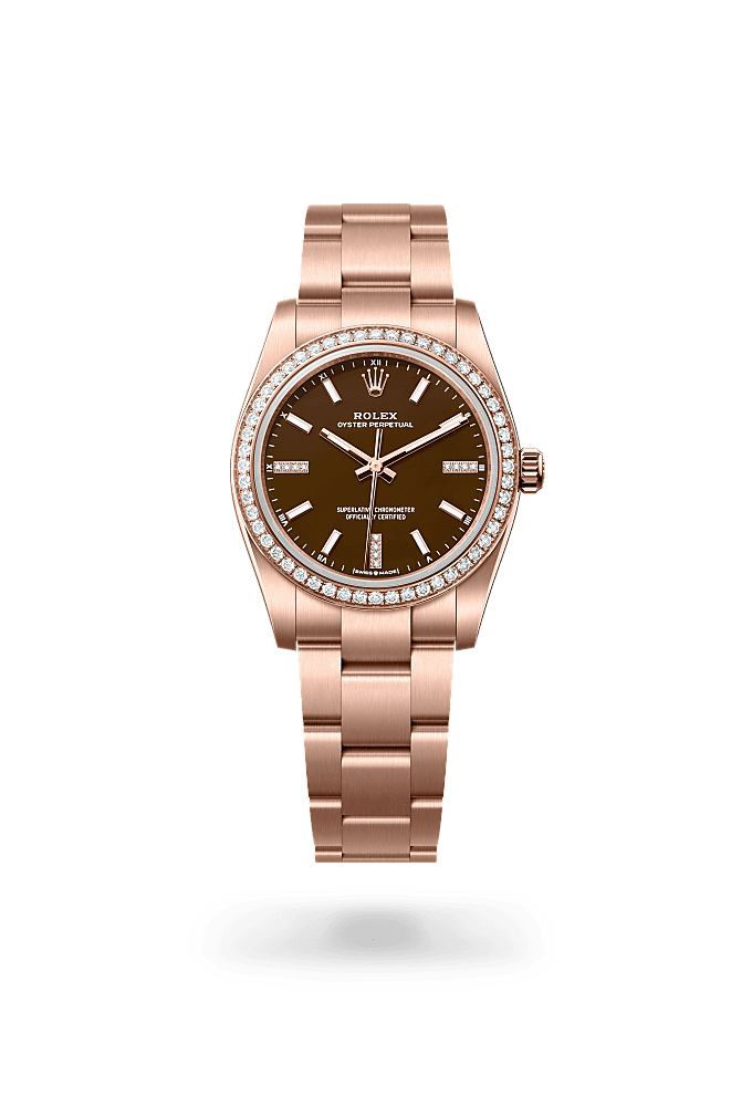 Oyster Perpetual 34, Oyster, 34 mm, Everose gold and diamonds, Dial : Brown stone set with diamonds, Rolex