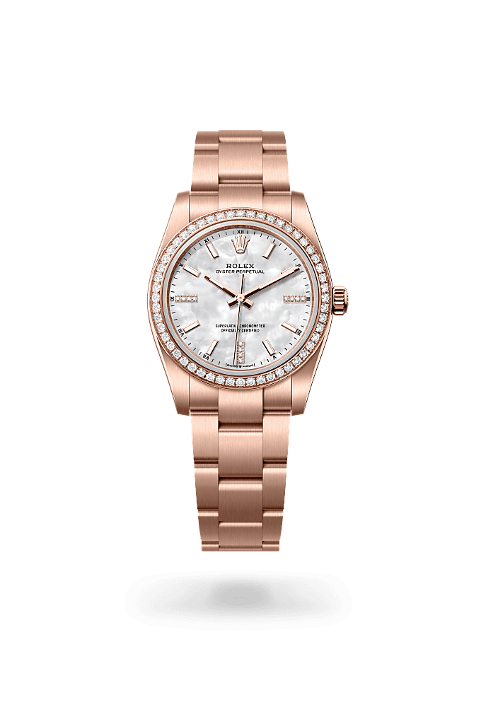 Oyster Perpetual 34, Oyster, 34 mm, Everose gold and diamonds, Dial : White mother-of-pearl set with diamonds, Rolex