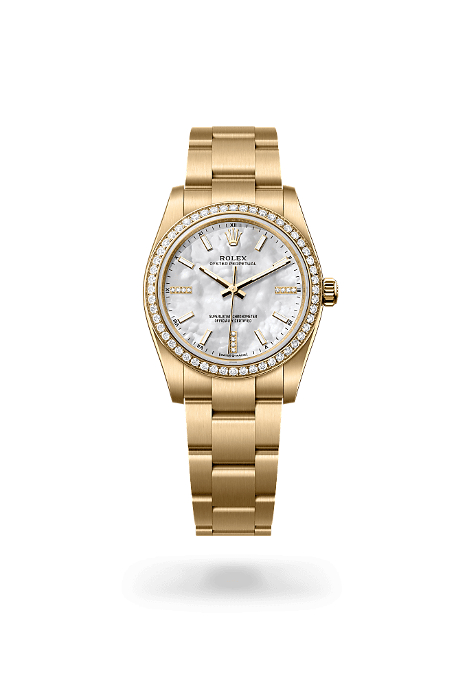 Oyster Perpetual 34, Oyster, 34 mm, yellow gold and diamonds, Dial : White mother-of-pearl set with diamonds, Rolex