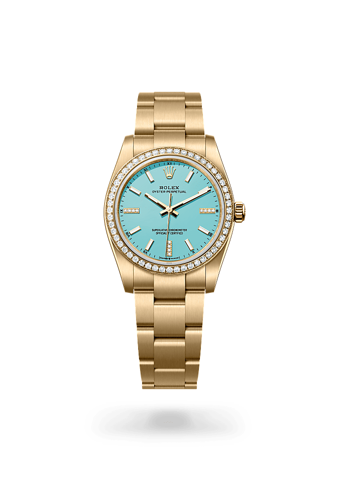 Oyster Perpetual 34, Oyster, 34 mm, yellow gold and diamonds, Dial : Turquoise blue set with diamonds, Rolex