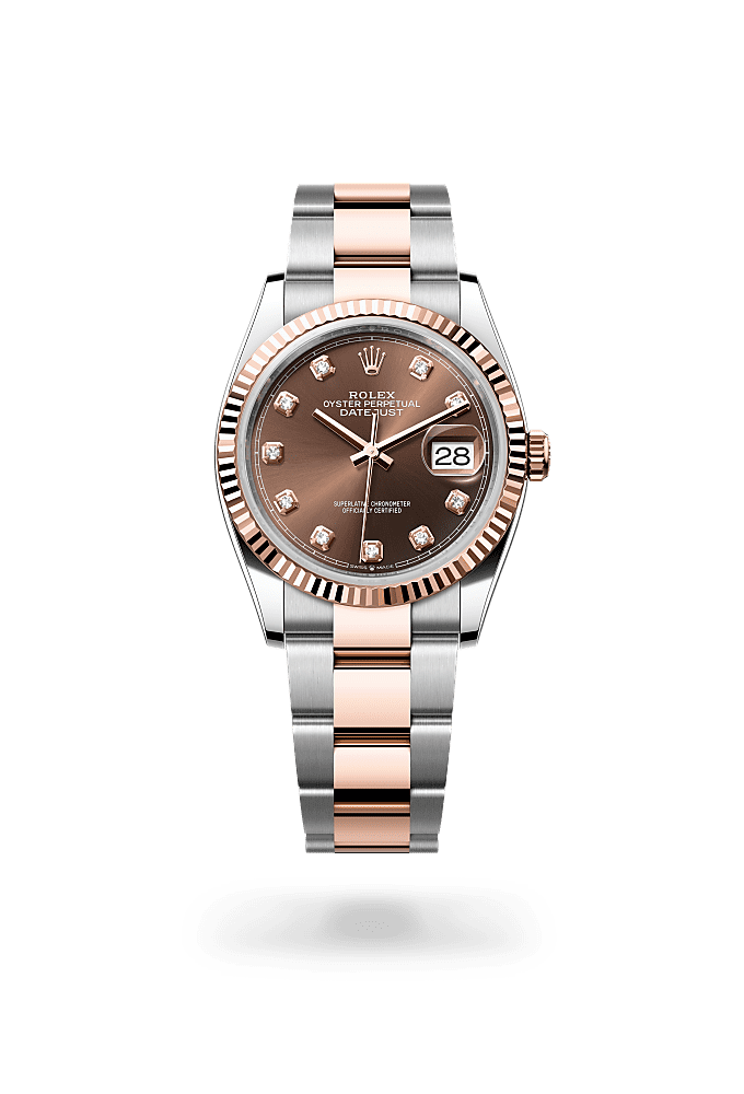 日志型 36, 蚝式，36毫米，永恒玫瑰金及蚝式钢, 表盘 : 巧克力色，镶钻石, Rolex