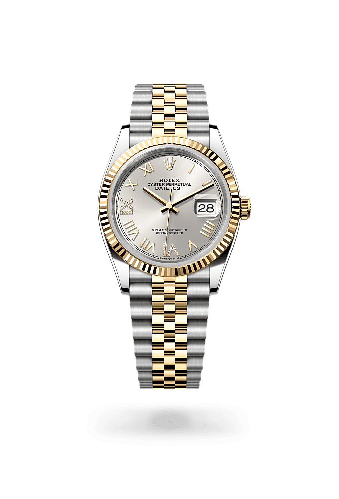 日志型 36, 蚝式，36毫米，黄金及蚝式钢, 表盘 : 银色，镶钻石, Rolex